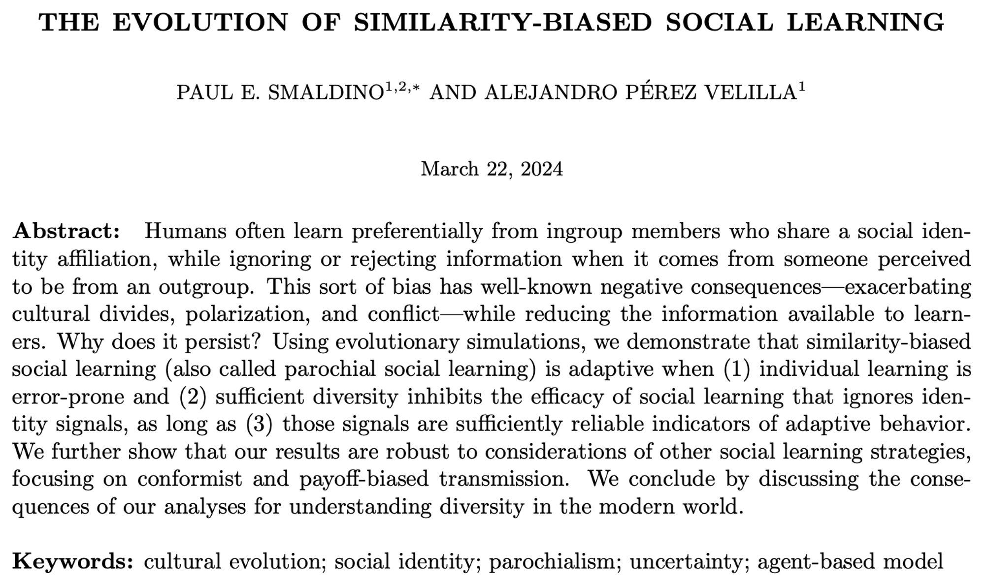 THE  EVOLUTION  OF  SIMILARITY-BIASED  SOCIAL  LEARNING