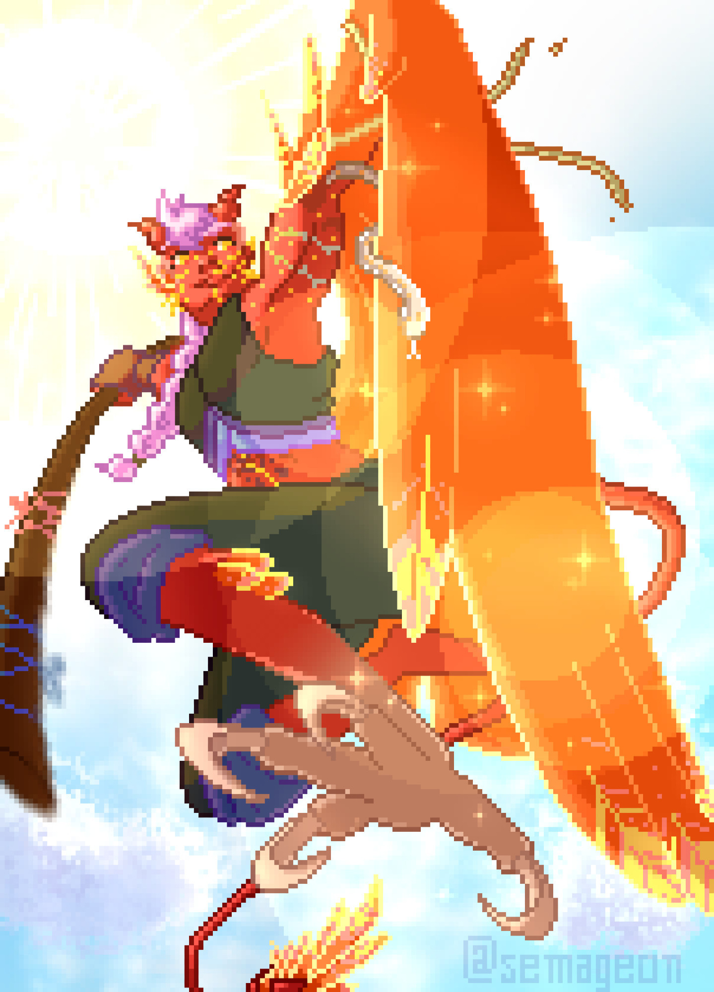 A pixel art piece of a red tiefling transforming into a bird.