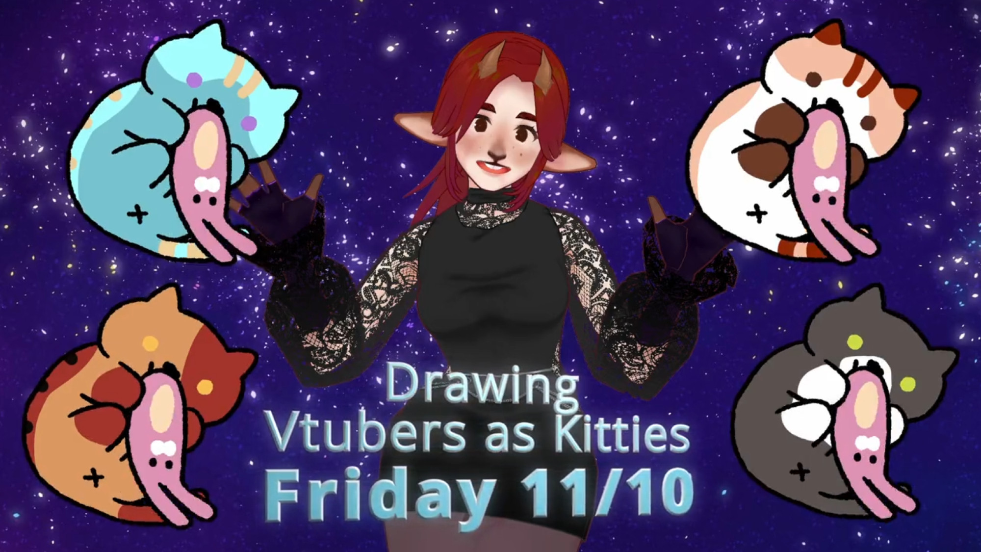 An image of Mst. Semageon against a sparkly blue backdrop. Sema has hands raised and is smiling. Around Sema are various cats kicking pink bunny toys, all styled after the game Neko Atsume. Text reads "Drawing Vtubers as Kitties, Friday 11/10".