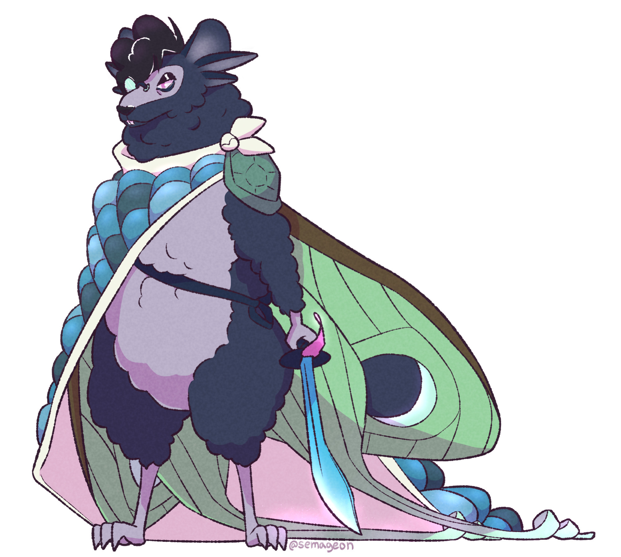 A fairy rat with fluffy fur, luna moth wings, and a technicolor sword.