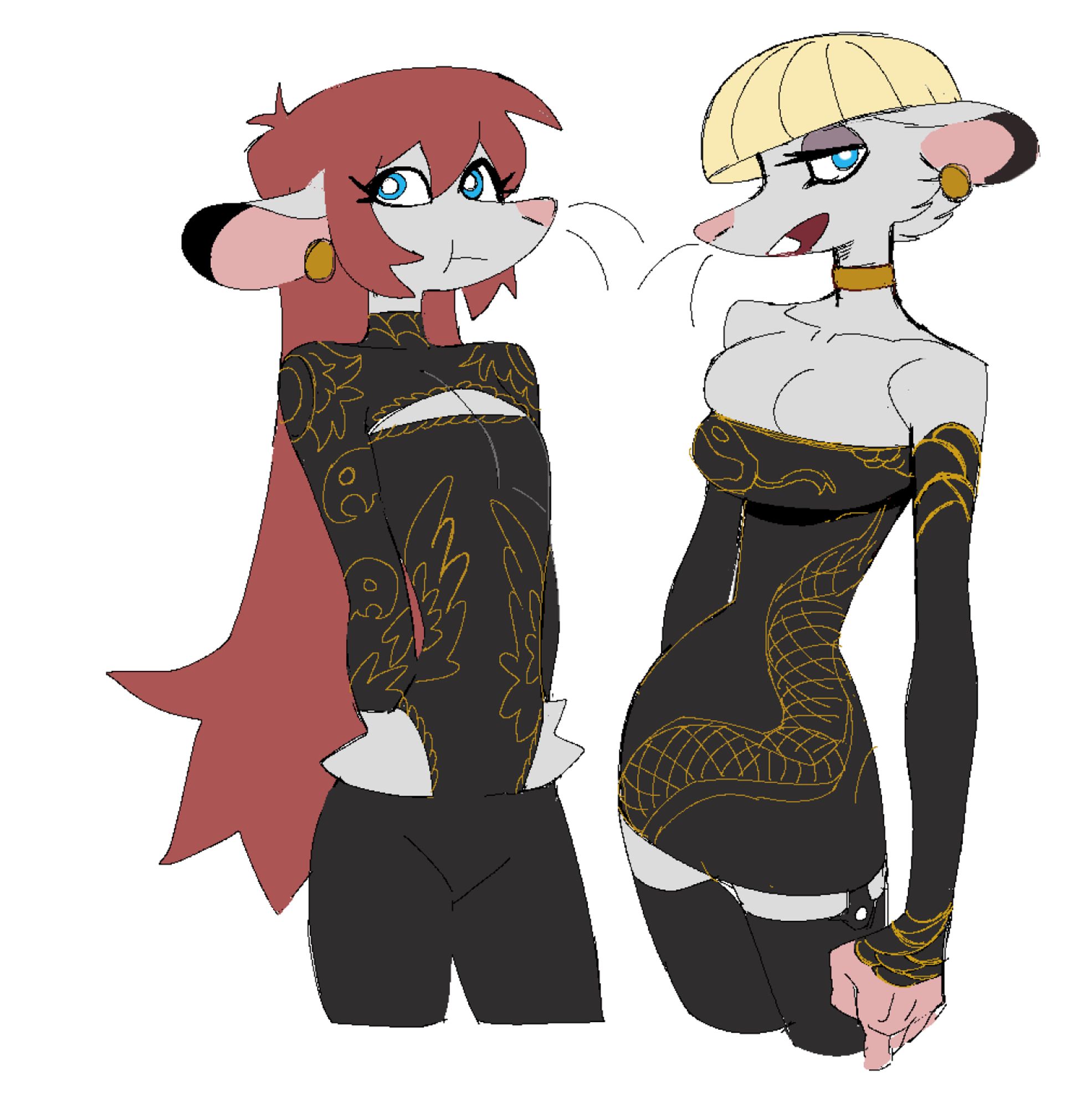 a thigh up shot of two anthropomorphic rat girls standing side by side roughly looking at the camera. the girl on the left is wearing a tight black leotard with gold embroidery depicting abstract bird wing designs with a keyhole and a pair of tight pants that leave hip windows with white fur peeking out. her hair is red and falls down to her butt, and she has side bangs that frame her face. She is also wearing gold earrings. the girl on the right is wearing a tight and very short strapless black dress that constricts her bust. The dress also has gold embroidery of a serpent that wraps from the bottom of the front, around the back to the top and back around to the bust where the head is shown. she also has tight black arm sleeves with gold scale like embroidery at the shoulder and wrist. She is also wearing stockings that seem to be held up by a garter belt concealed by the dress. She is wearing a gold choker and gold earrings. Her hair is platinum blond worn in a sort of bowl cut.