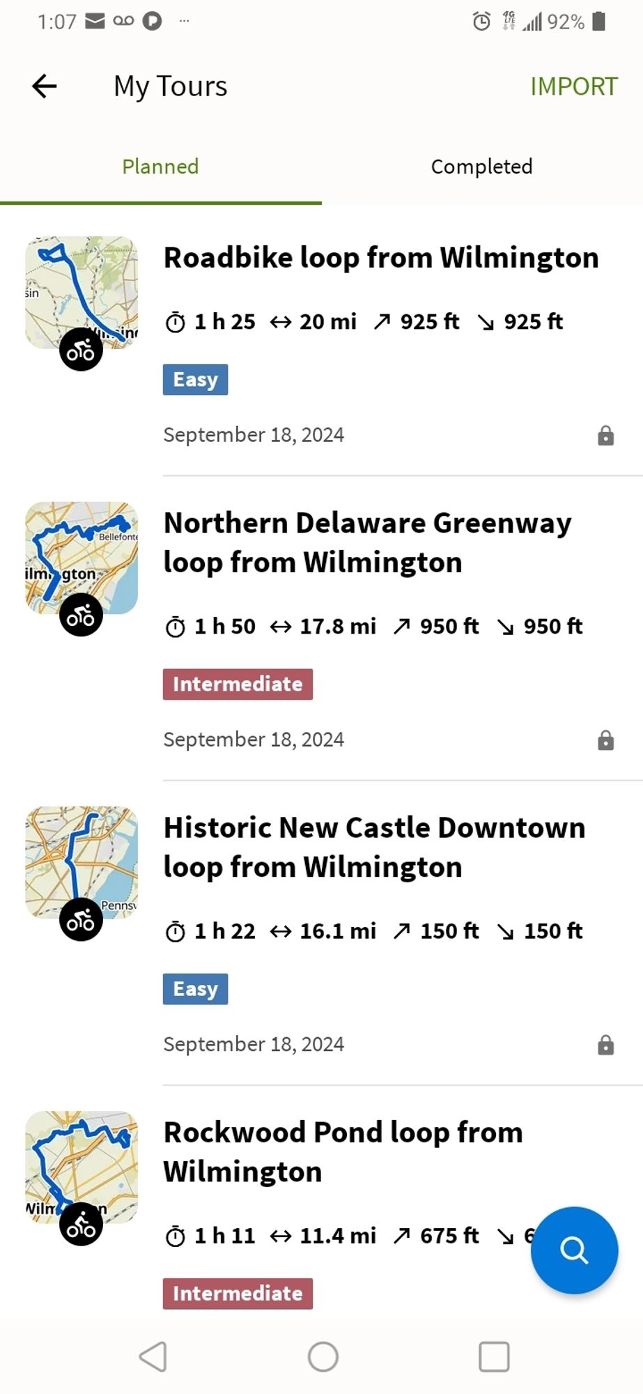 A screenshot from the fitness tracker app Komoot showing four routes around the northern end of New Castle county, Delaware.

1: Roadbike loop from Wilmington shows an estimated time of 1 hour 25 minutes over 20 miles, and 925 feet of elevation 
2: Northern Delaware Greenway loop from Wilmington shows an estimated time of 1 hour 50 minutes over 17.8 miles and 950 feet of elevation 
3: Historic New Castle Downtown loop from Wilmington shows an estimated time of 1 hour 22 minutes over 16.1 miles and 150 feet of elevation.
4: Rockwood Pond loop from Wilmington shows an estimated time of 1 hour 11 minutes over 11.4 miles and 675 feet of elevation.