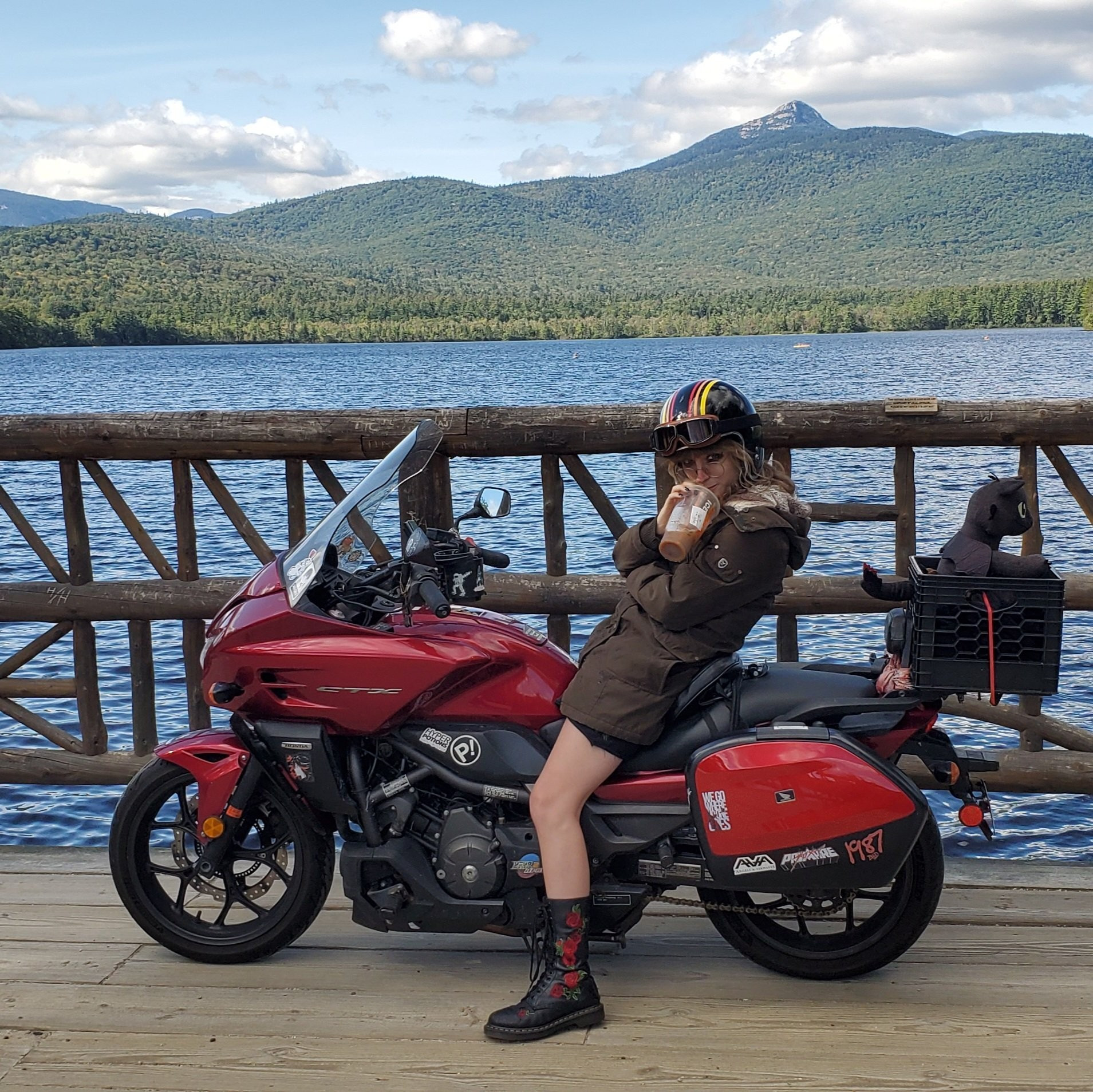 skye on her trusty honda ctx700 motorcycle in the white mountains of new hampshire