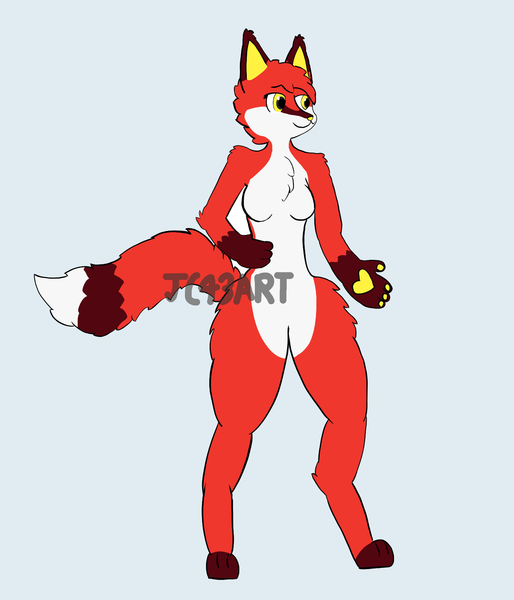 a drawing by me of my friend's fursona, an anthro fox woman