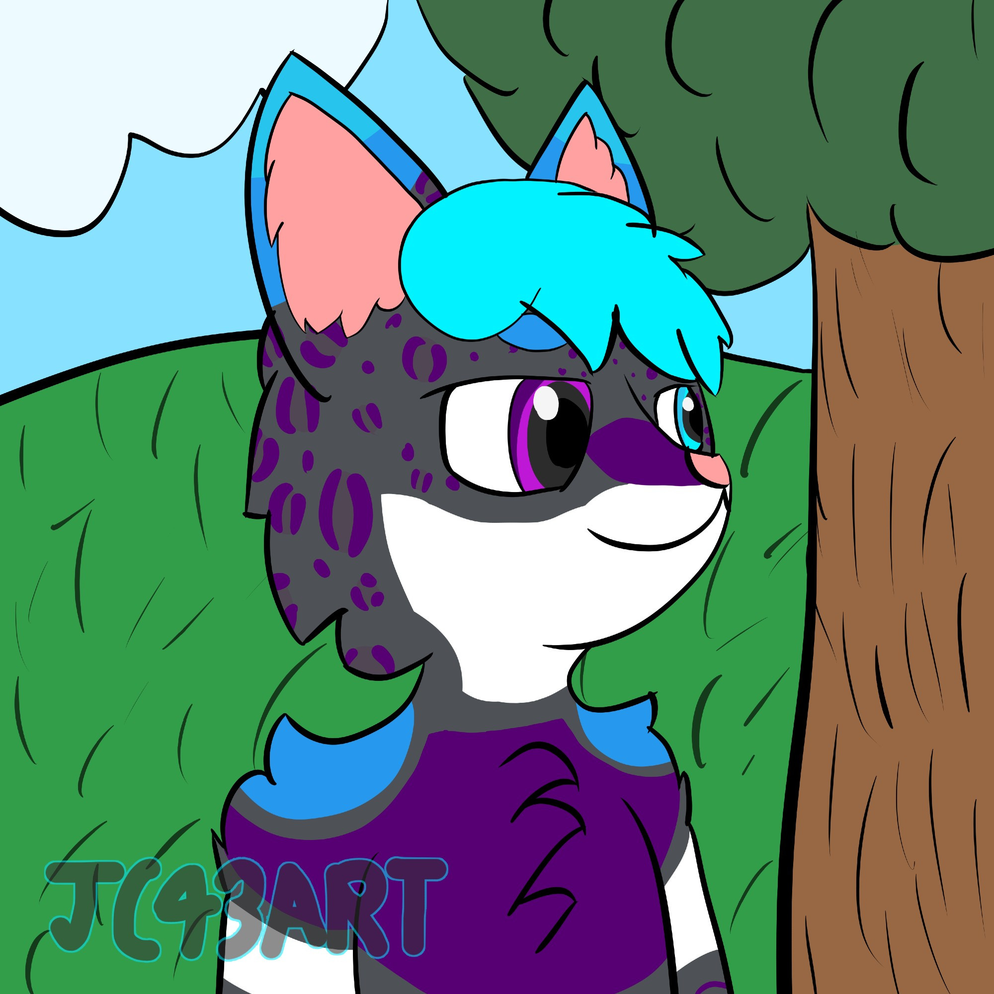 My fursona(Altered Kitsune with the appearance of an anthro cat) standing in a field with a tree and a cloud in the background