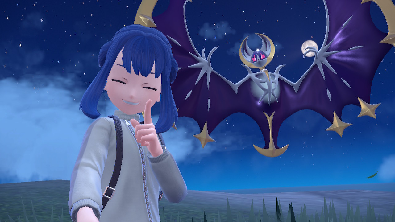 Pokémon Scarlet: my player character standing in front of a Lunala at night, finger in a "shhhh" gesture.