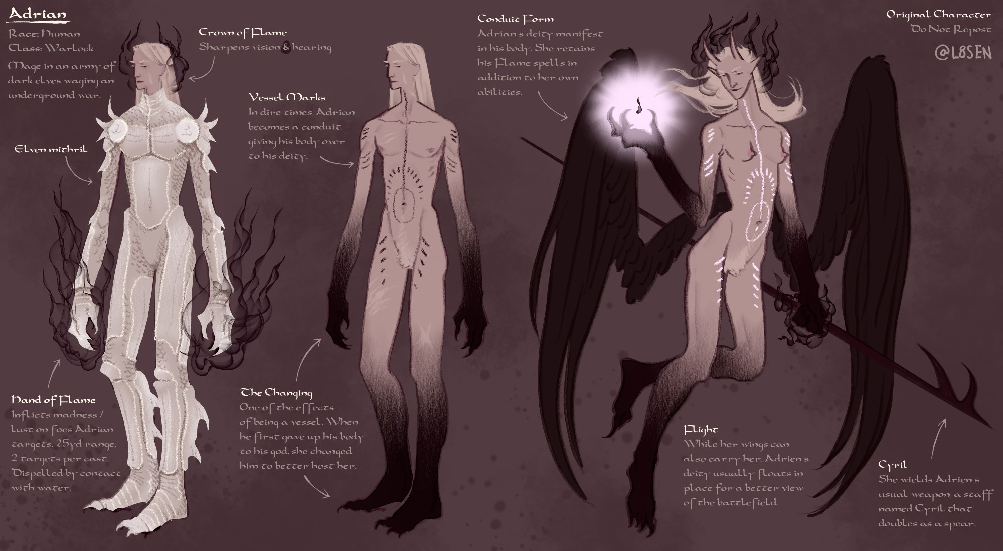 character sheet for adrian, an elven warlock & battle mage. he shares his body with his patron deity.