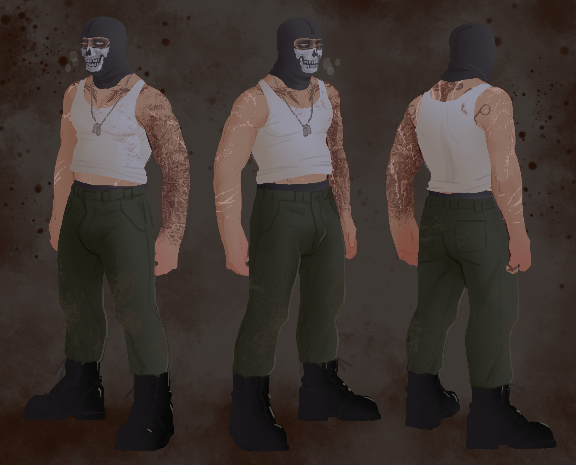 ghost from 3 angles, in a filthy tank top n cargos, with mask on