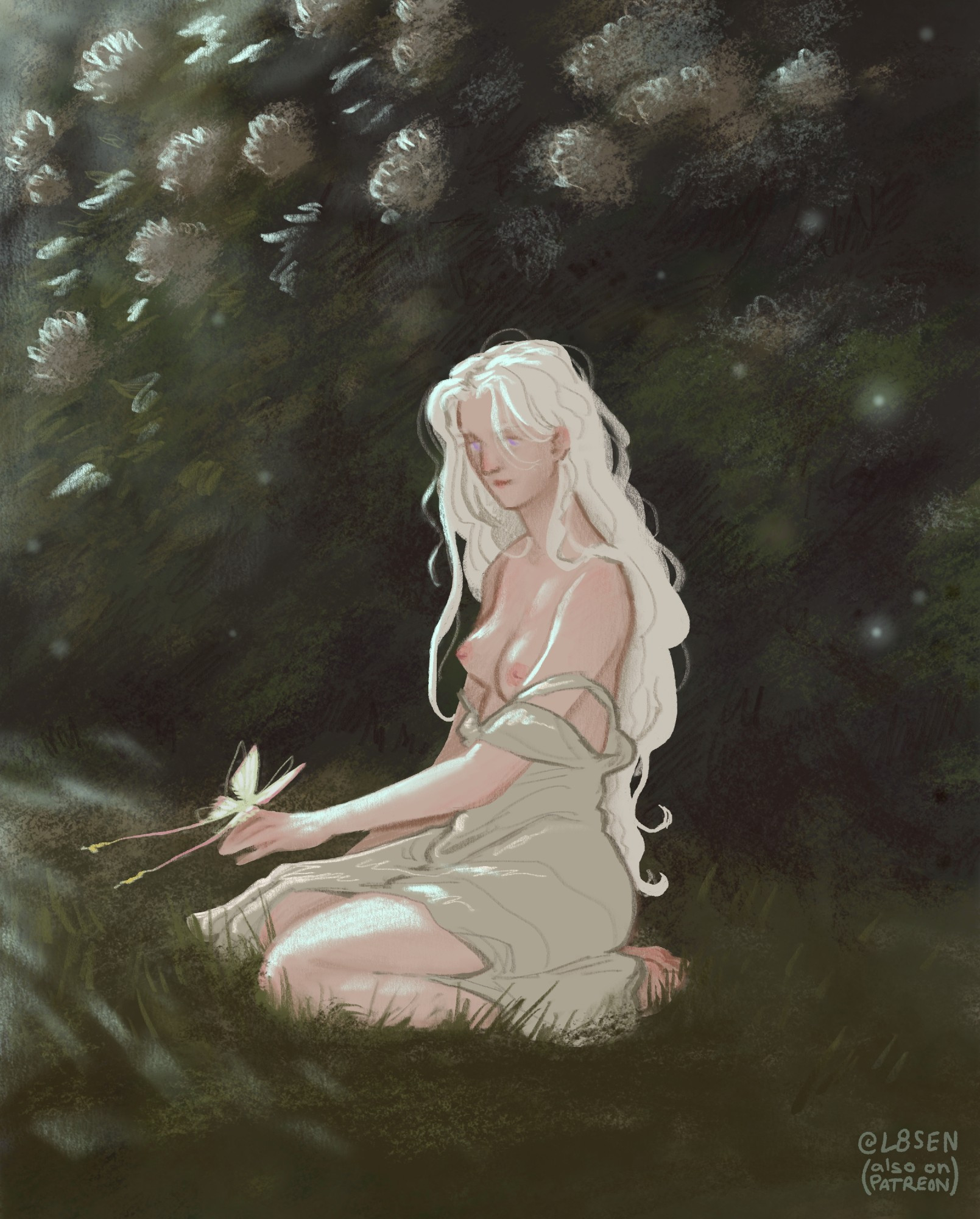 helaena sitting beneath a flowering hedge, nightgown slipping off her body. she watches a luna moth landing on her hand.