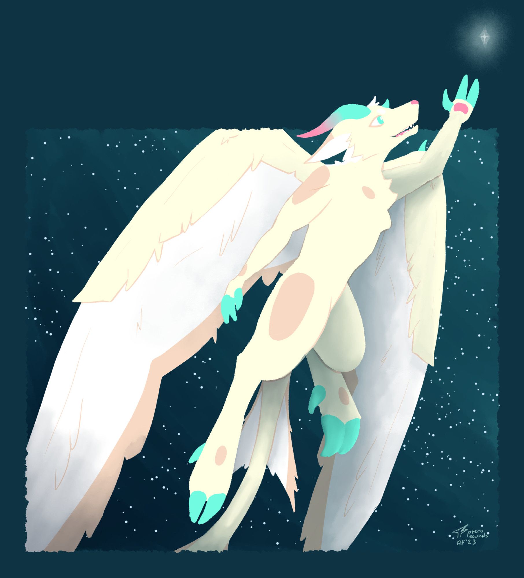 a light yellow dragon furry with feathered wings and teal horns and hooves. it is flying over a starry sky and reaching towards a brighter diamond out of frame.