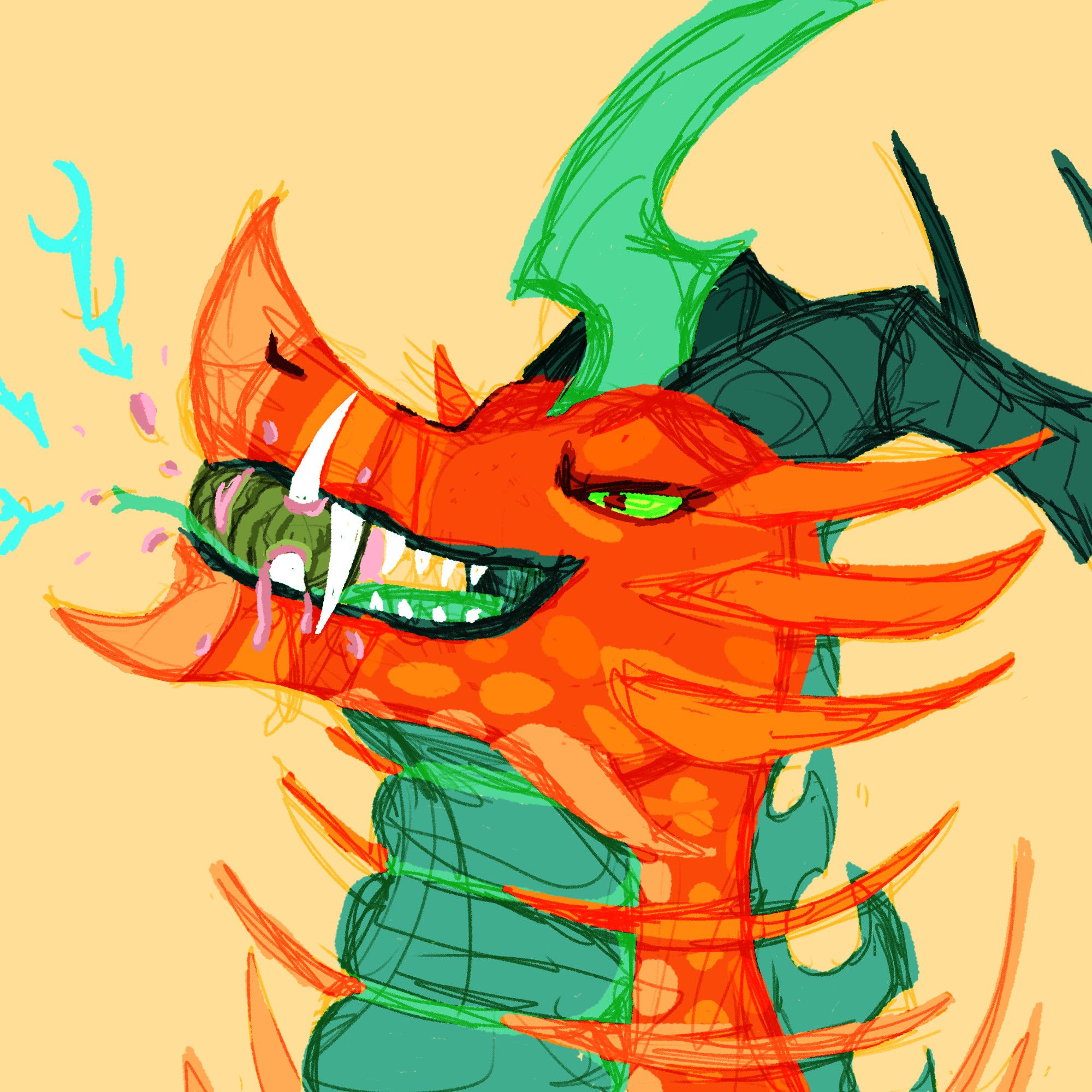 an orange and teal dragon with many spikes and three horns eats a melon, as lighting sparks out from its mouth.