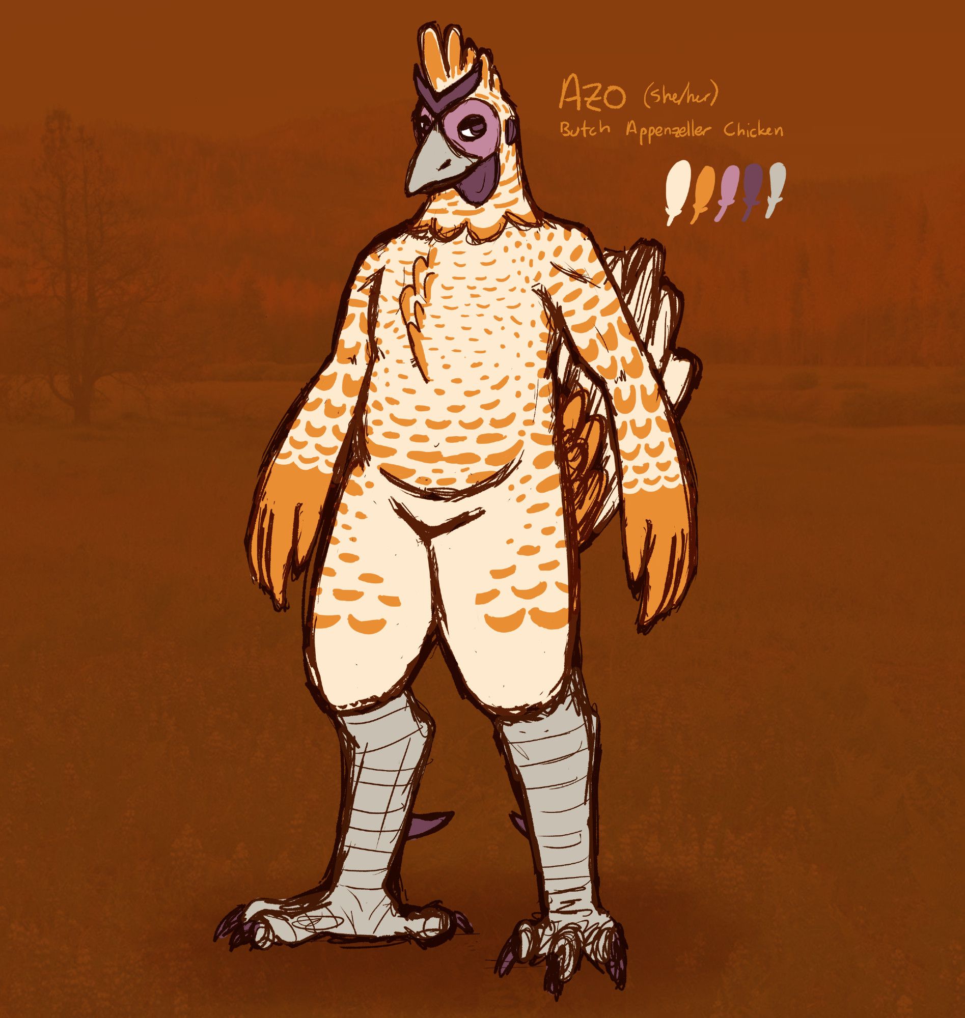 the written text is: Azo (she/her) Butch Appenzeller Chicken. the image is anthro art of an appenzeller chicken. she is cream colored with orange markings, and purple waddles & comb. she has spurs.