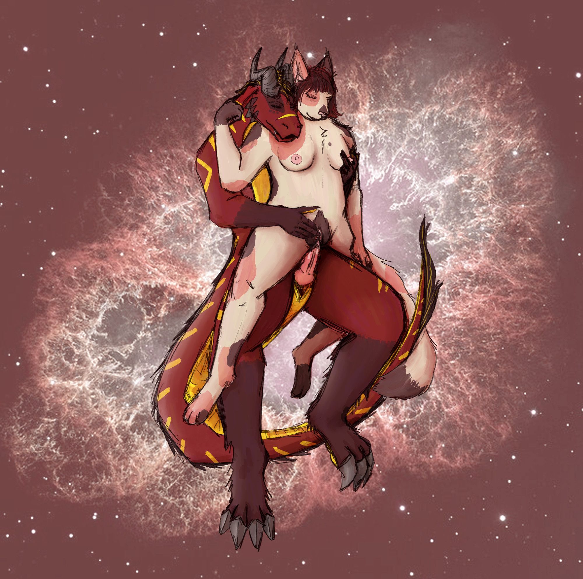 Two fursonas, one is a red dragon, the other is a calico cat. They are embracing, having sex. The background is a color edited photo of the crab nebula.