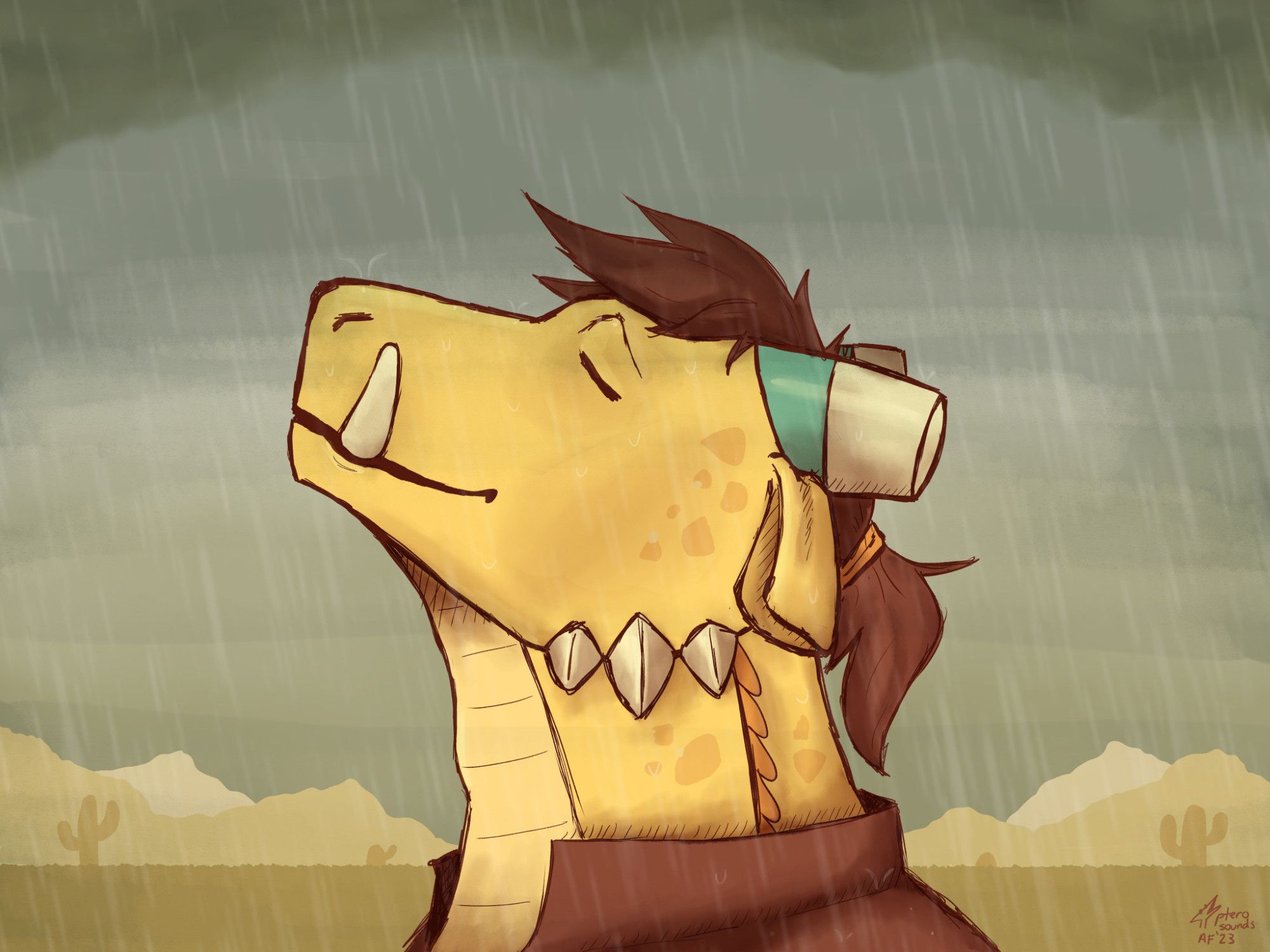 a yellow dinosaur with tusks and short horns, with her eyes closed looking up to the sky while rain falls.