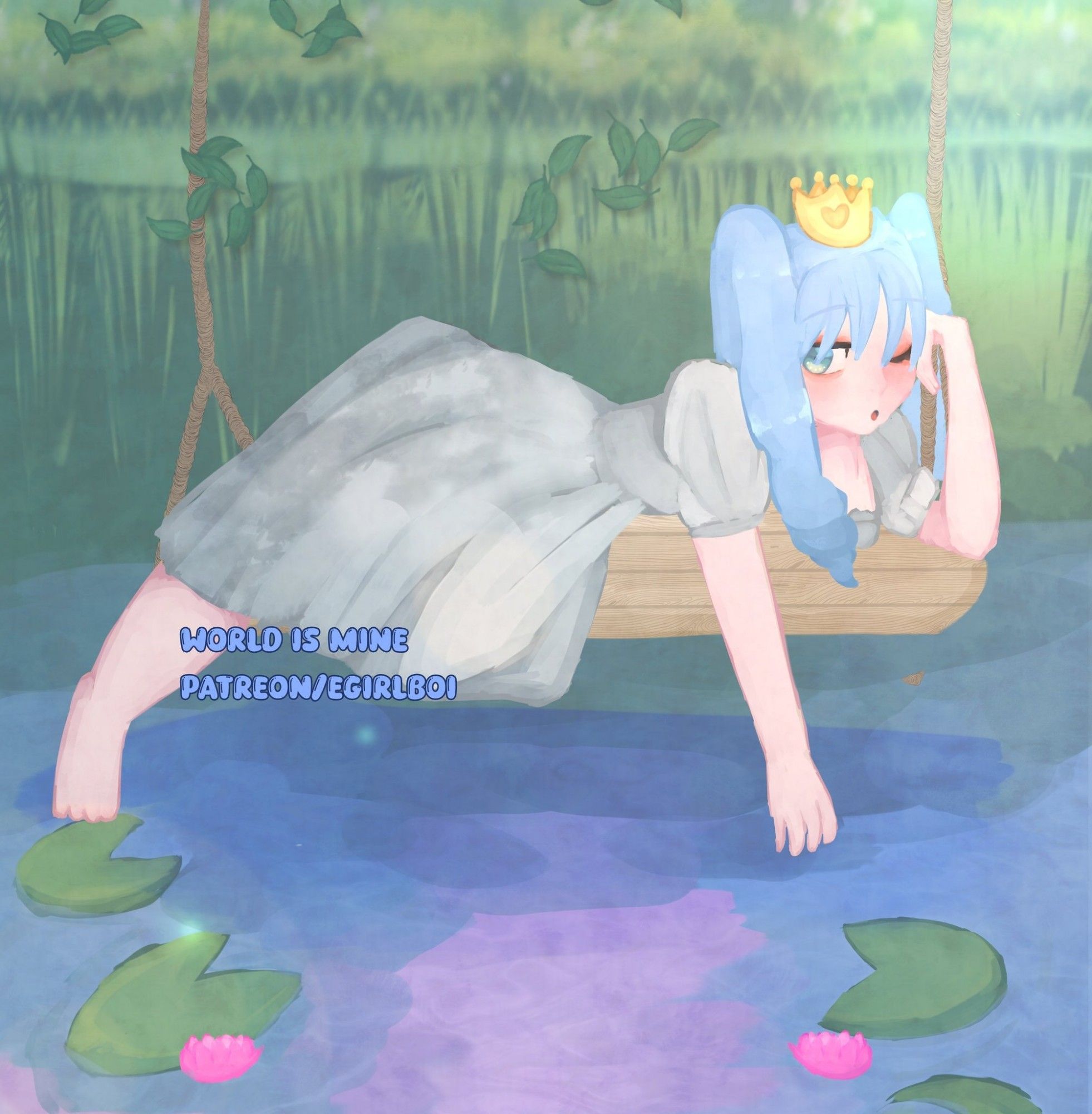 Miku on a swing above a pond with lily pads, wearing a "world is mine" outfit.