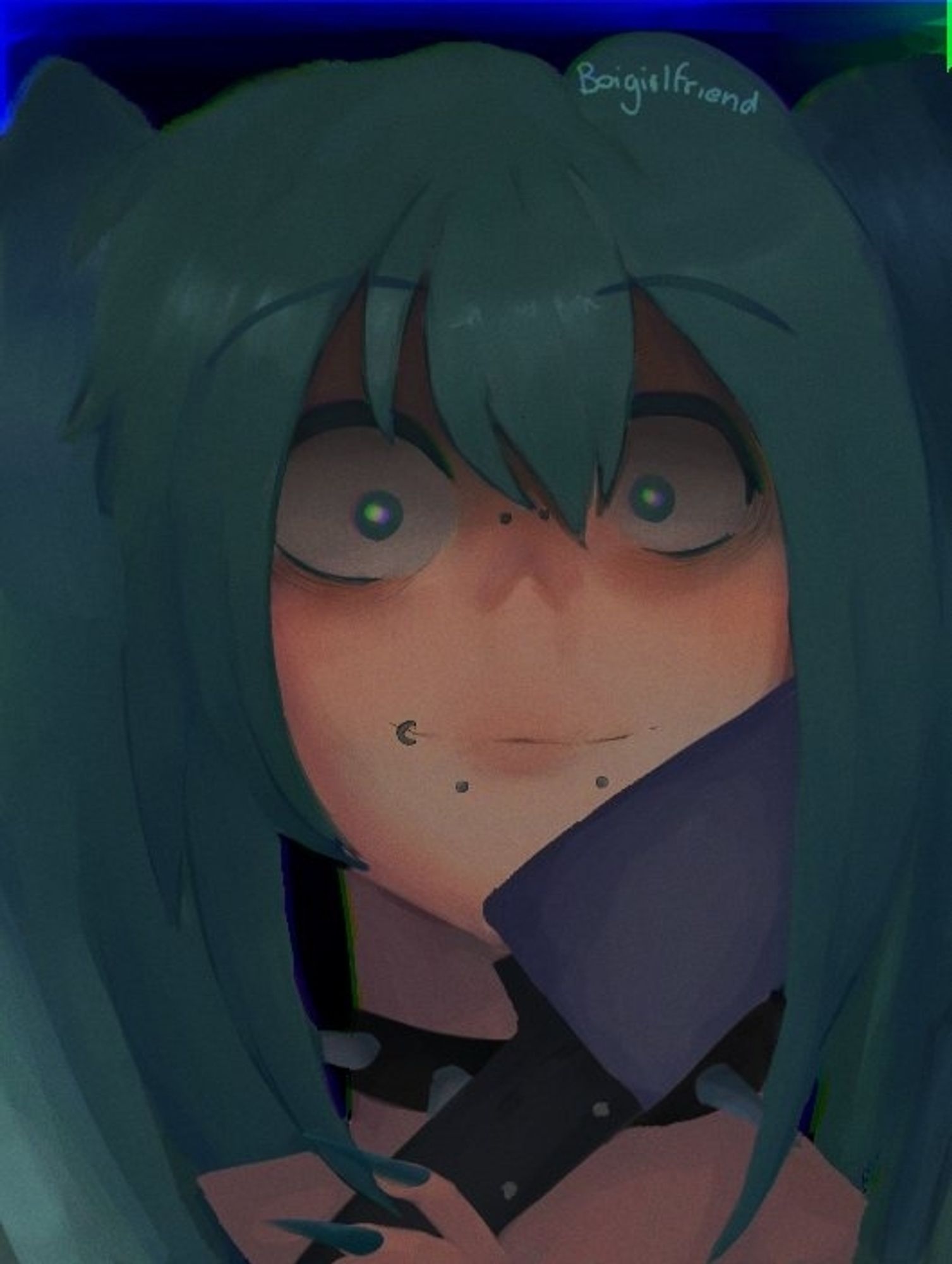 Hatsune Miku with piercings, a spiked choker, and a knife. Looking down on you with sinister intentions.