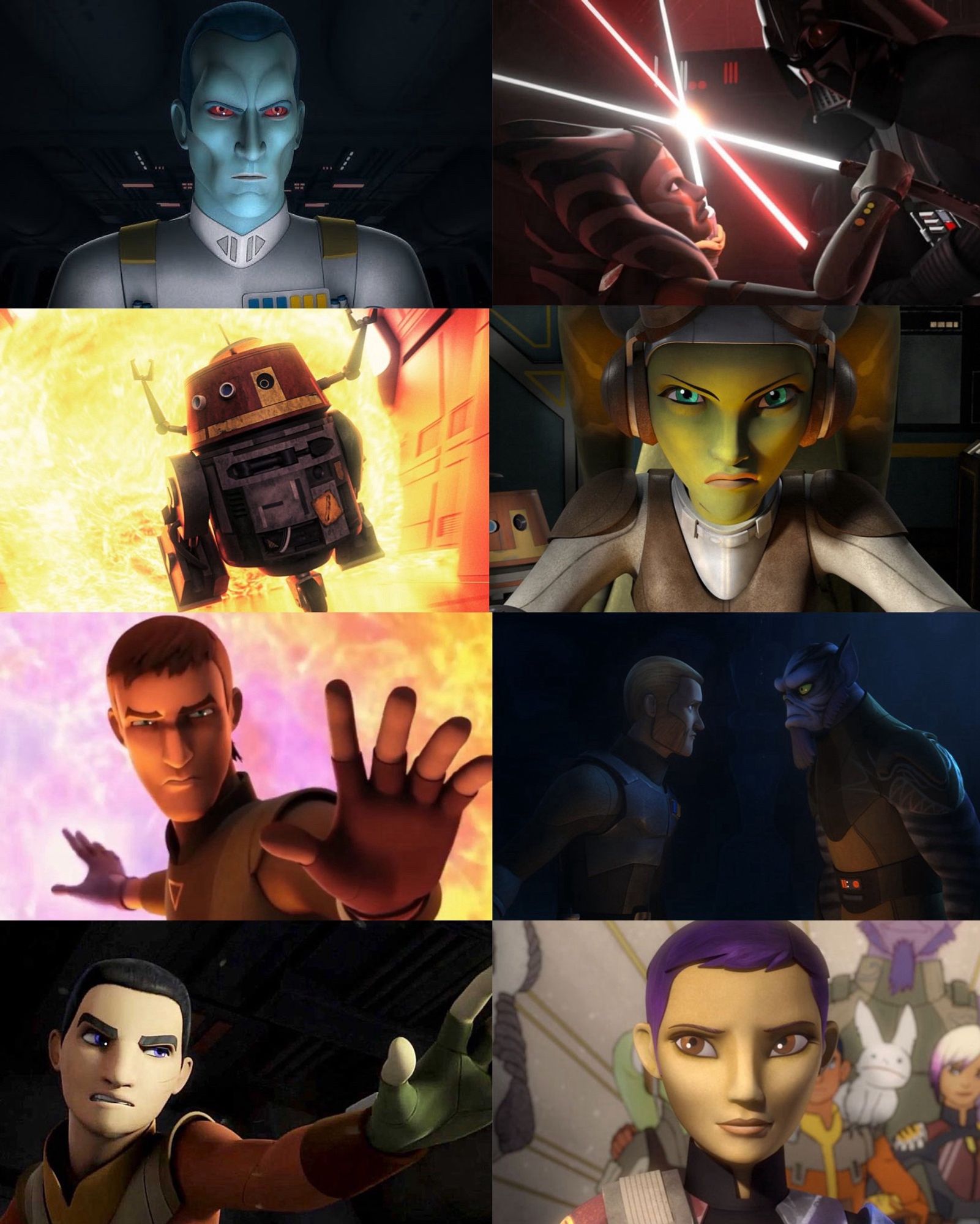 A combination of images from the show “Star Wars: Rebels” featuring multiple characters from peak moments in the show.