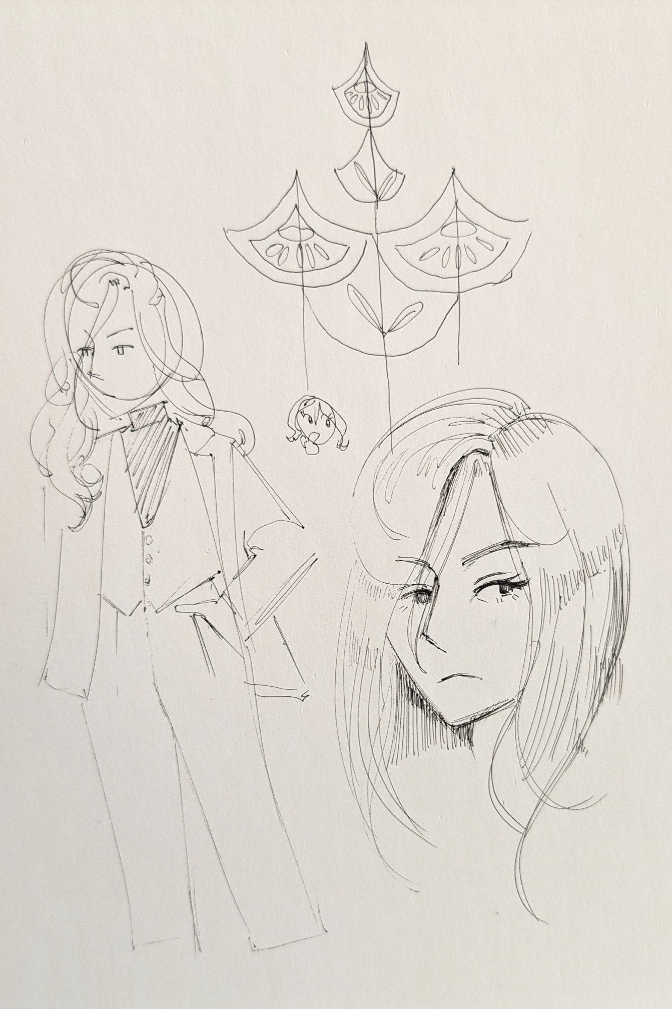 photo: a few pen sketches on paper. some fan-shaped patterns, a figure wearing a vest and a coat, and a portrait of a tired looking person with long hair