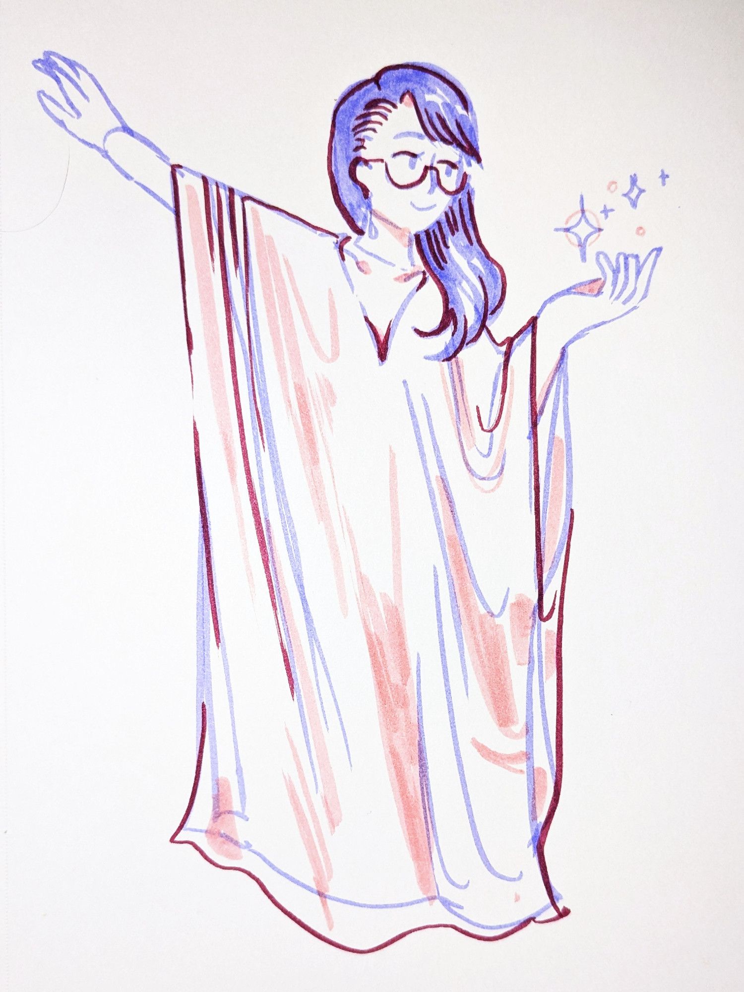 photo: a sketch of a person wearing a very long, flowing robe. they have purple hair that has been swept to one side, round glasses, and they are manifesting magic sparkles from one hand