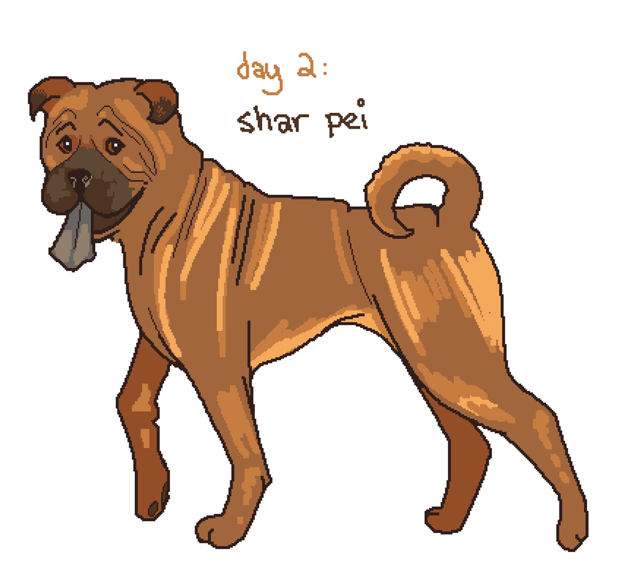 drawing: a doodle of a shar pei dog. she has orange-brown fur, and some wrinkles and folds along her body. the dog is panting, showing off the shar pei's signature grey-blue-toned tongue