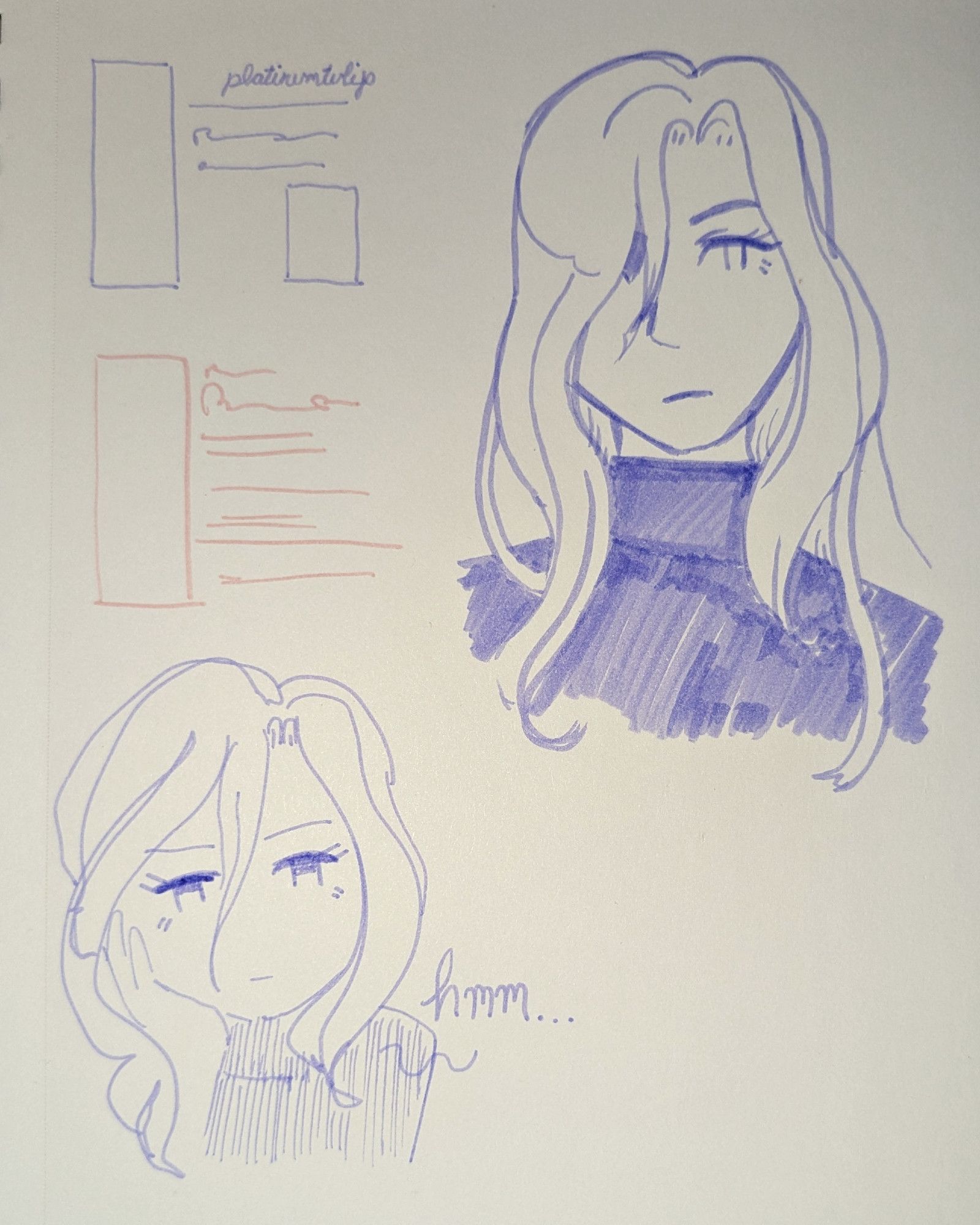 photo: unfinished website layout sketches in a sketchbook, and rough drawings of a tired, stoic person with long wavy hair