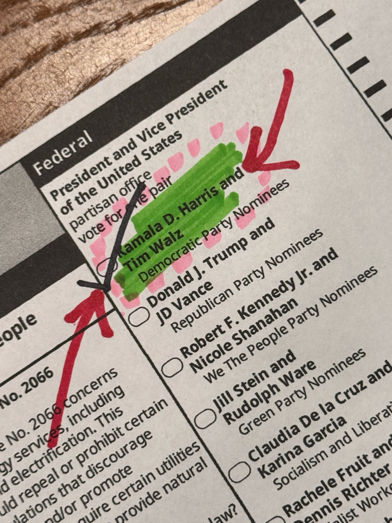 A ballot with Kamala Harris, clearly marked with various red arrows and highlighter