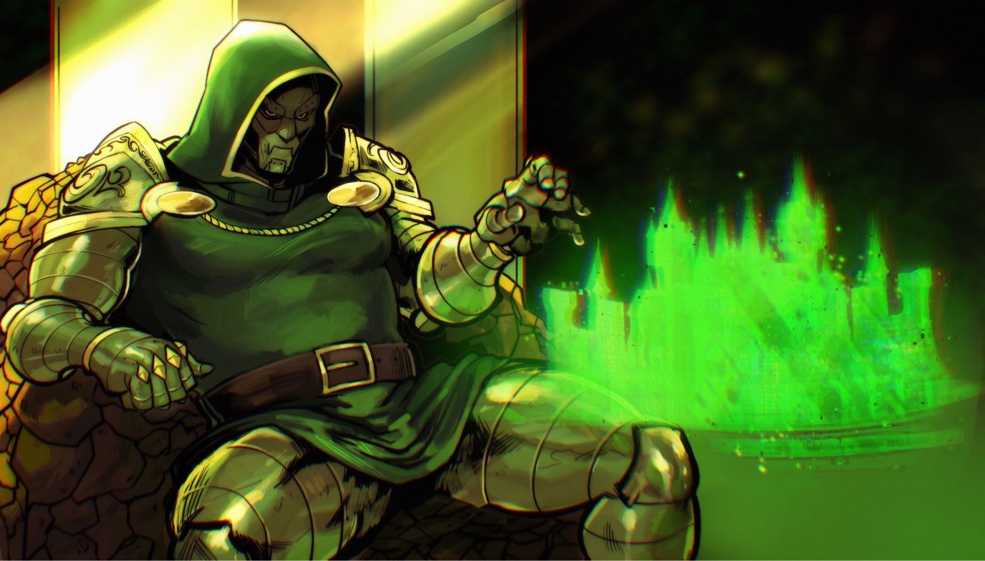 Doctor Doom illuminated in green light  sitting, legs spread, on his throne made of The Thing. With one hand he is summoning a hologram of his castle.