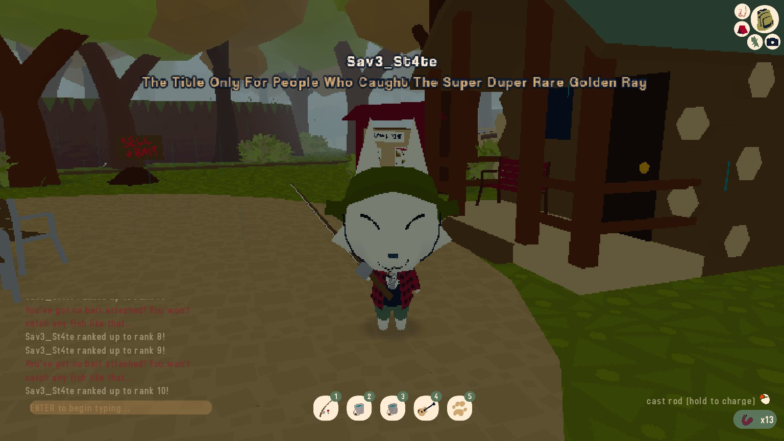 A screenshot of the indie game "Webfishing" featuring a dog in a green bucket hat, red flannel, wolves howling at the moon t-shirt, and green shorts. The character has a title that reads, "The Title Only For People Who Caught The Super Duper Rare Golden Ray"