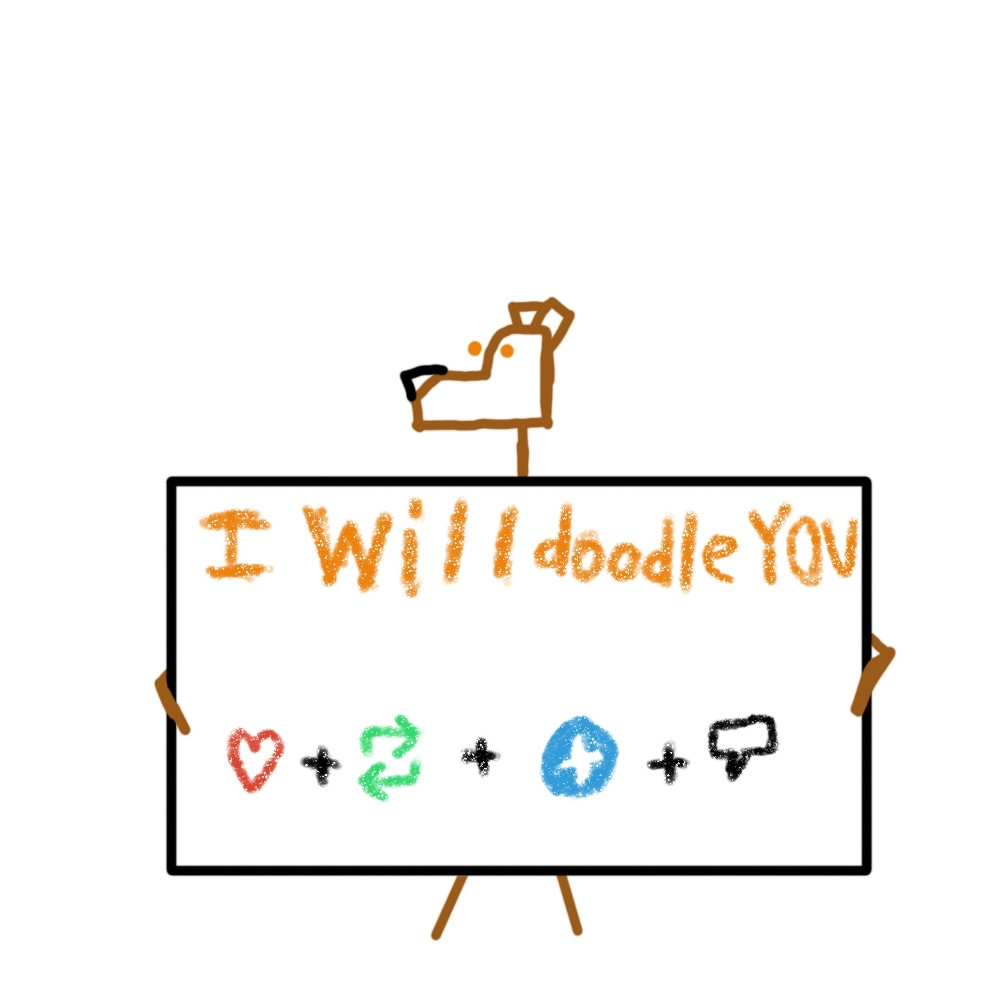 A stick figure bear man holding a sign that says "I will doodle you" with a request the viewer likes, reposts, follows, and comments under the post