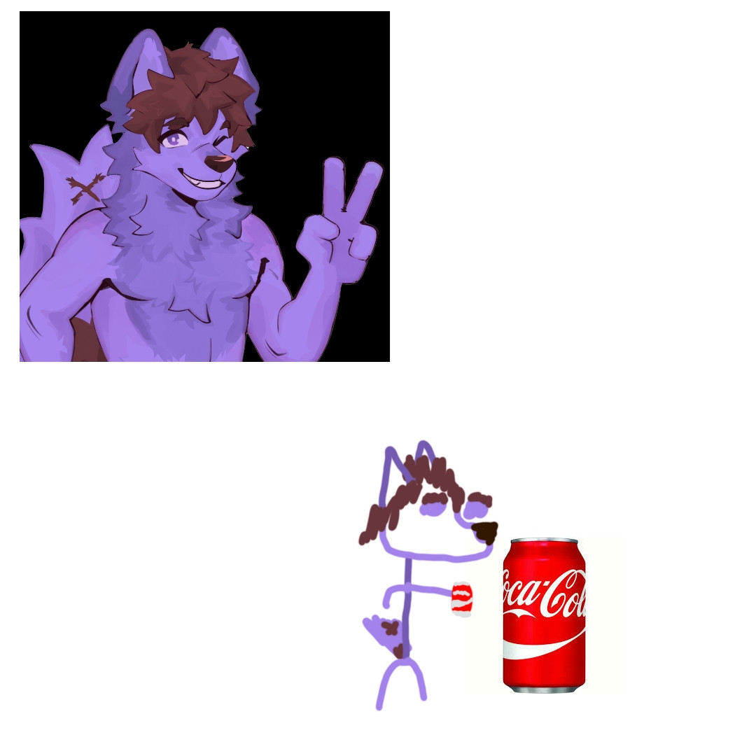 A purple wolf fursona holding a can of coca cola