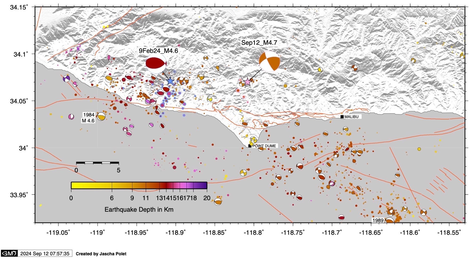 Seismicity map of the Malibu area with February’s sequence outlined in light blue and today’s events in pink.