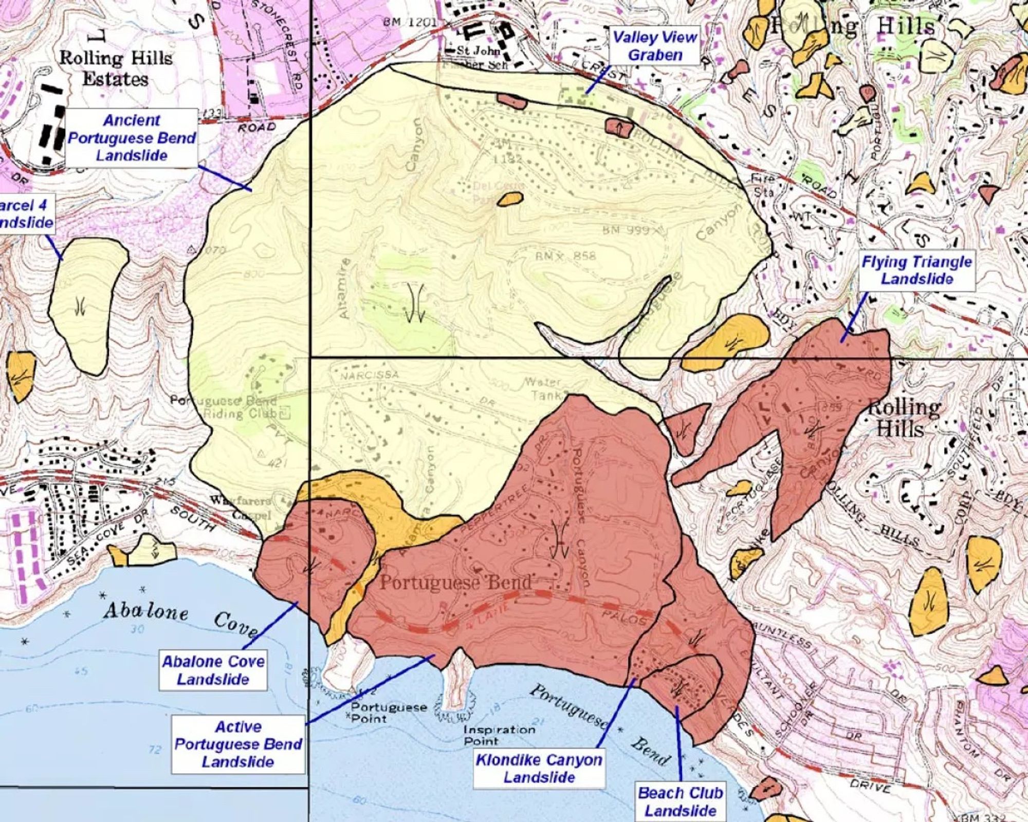 The California Geological Survey’s map of the ancient Portuguese Bend, or Altamira landslide, which was previously considered dormant, shows the most expansive boundary of the landslide area in yellow, with recently active slides in red. (California Geological Survey)