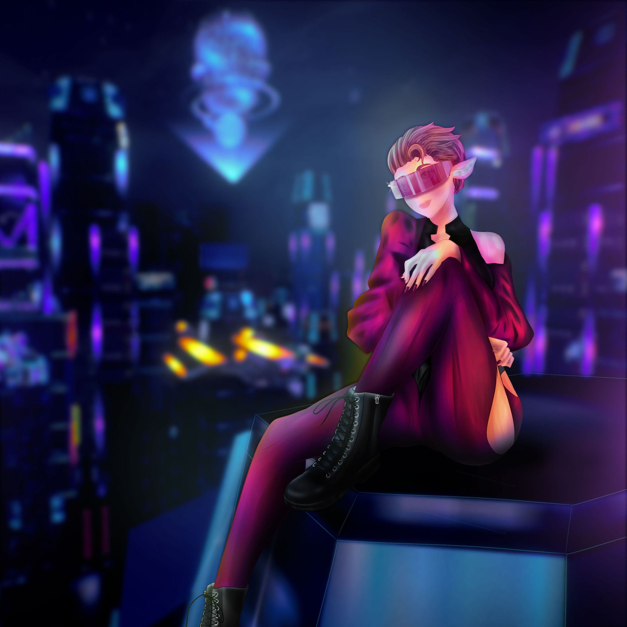 A futuristic character in a cyberpunk cityscape