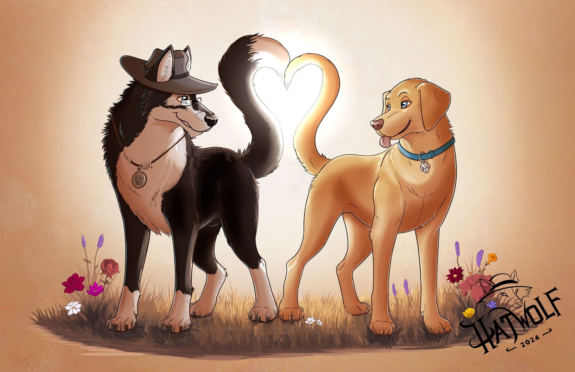 A wolf and a labrador stand tail to tail, looking at each other with a loving smile. Their tail form a heart shape. Light is shining through the heart and filling the area with a warm glow. Around the canines is grass with flowers.