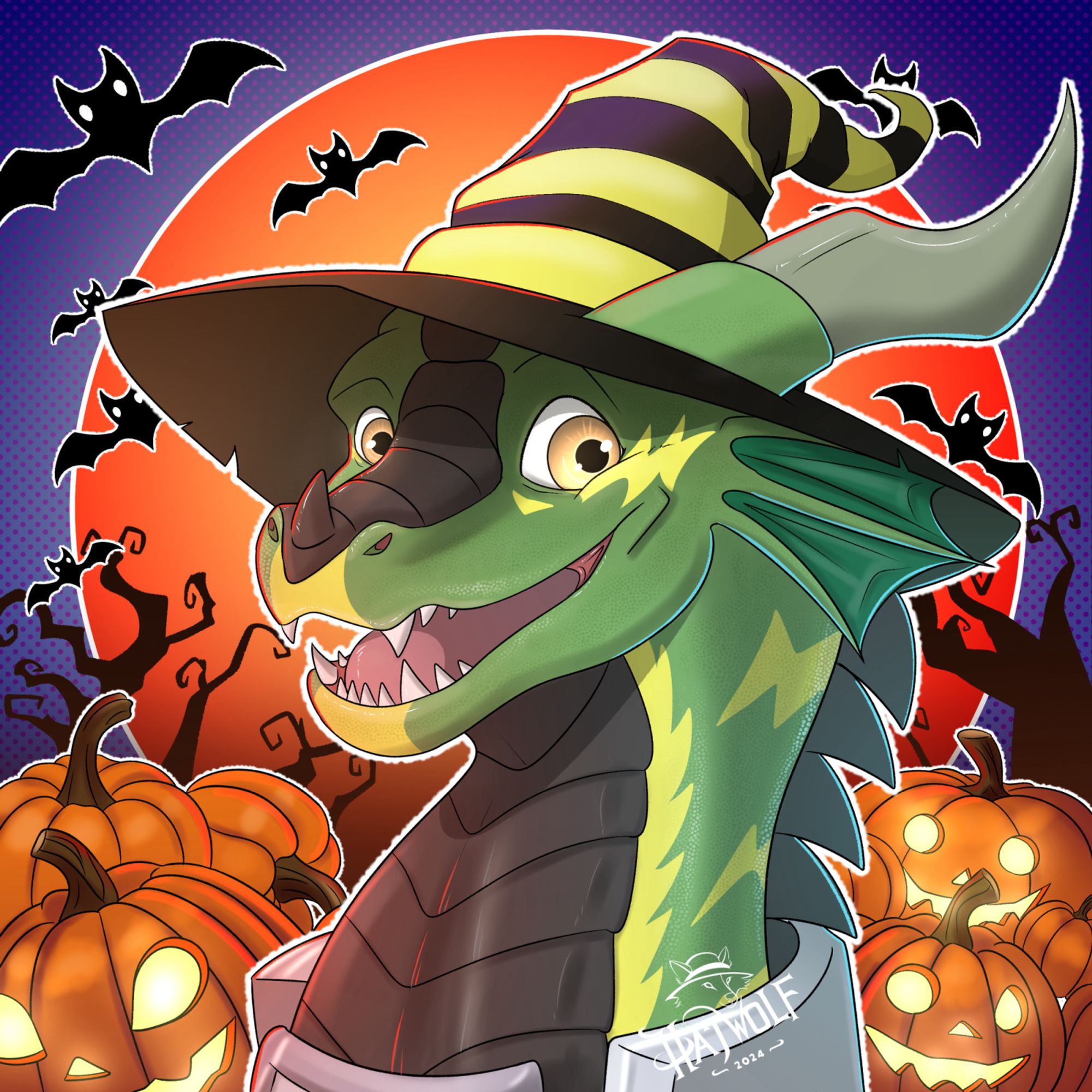 This Halloween-themed image features an anthropomorphic dragon with green and black scales, expressive brown eyes, and a wide, friendly smile. The dragon is wearing a black and yellow-striped witch hat with a curved tip. In the background, a large orange full moon is glowing, surrounded by flying bats and silhouetted spooky trees. Several glowing jack-o'-lanterns are placed in the lower-left corner, enhancing the Halloween atmosphere. The overall tone of the image is lighthearted and festive, celebrating the Halloween season. The signature "HatWolf 2024" is visible near the bottom right of the image.