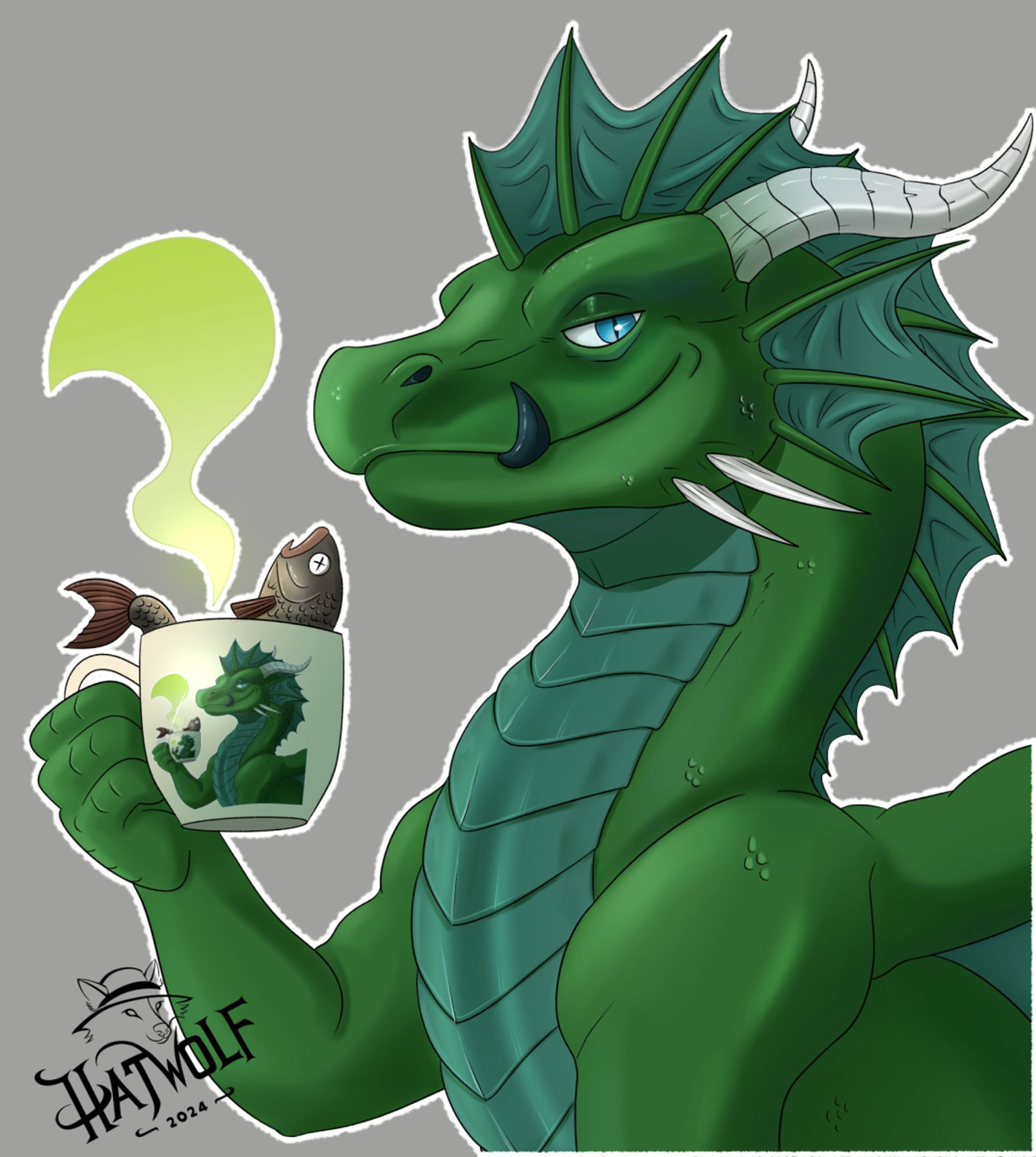 The image features a large, green-scaled dragon holding a mug with a fish sticking out of it. The dragon has a smug, confident expression, with a raised eyebrow and a slight smirk. The dragon’s horns are large and curved, with frilled spikes along its neck and cheek, giving it a regal and powerful appearance.  The mug the dragon is holding humorously depicts an image of the same dragon holding a similar mug, adding a playful, meta element to the scene. The fish in the mug appears to smell, with a green wisp rising from it.  The background is a simple gray. In the bottom left corner, the artist's logo "HatWolf 2024" is visible. The overall mood of the image is lighthearted and whimsical, combining the might of a dragon with the humorous act of drinking from a fish-filled mug.