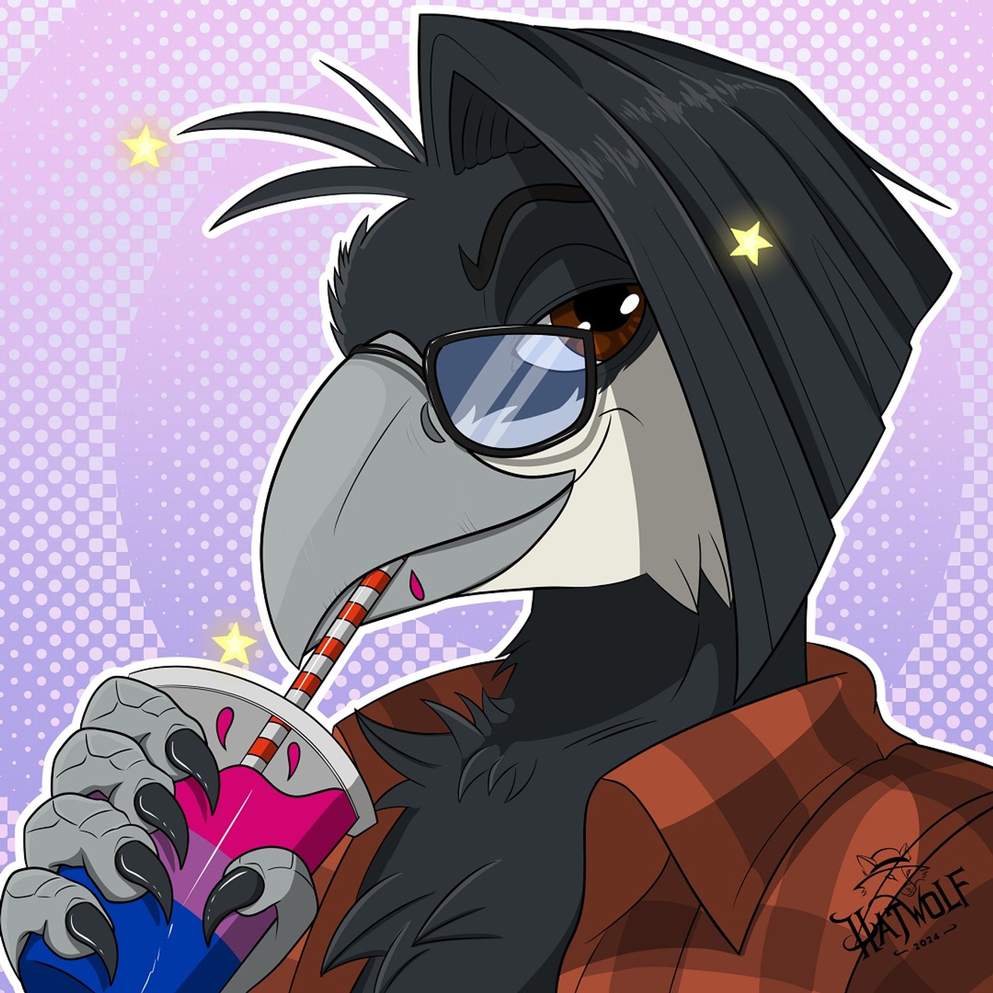 a fabulous bird sipping from a cup with juice. The juice has the colour of the bi pride flag.