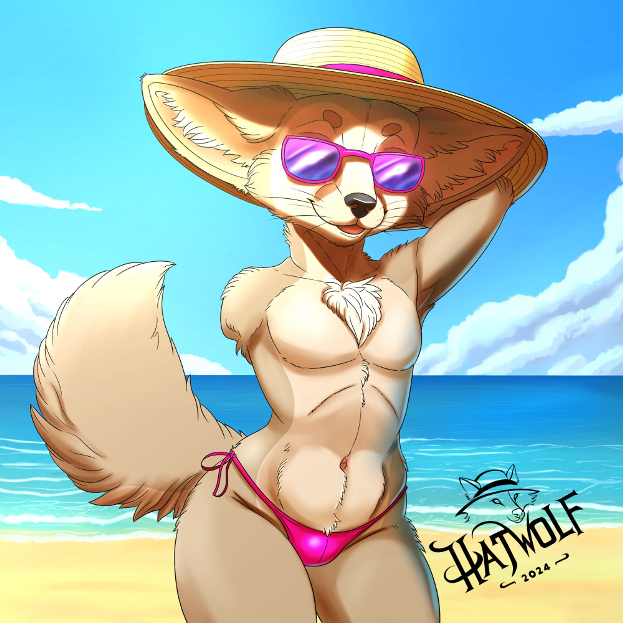 The image features an anthropomorphic one-armed fennec character enjoying a day at the beach. The character has light-colored fur, large fluffy ears, and a curvy, muscular build. They are wearing a wide-brimmed sunhat with a pink band, purple reflective sunglasses, and a bright pink bikini bottom. Their upper body is bare, showing defined abs and chest fur.  The background shows a beautiful beach scene with bright blue skies, fluffy clouds, and clear ocean water gently meeting the sandy shore. The character strikes a confident and relaxed pose, one hand resting on their head, giving off a carefree, vacation vibe.  In the bottom right corner, the artist’s logo, "HatWolf 2024," is prominently displayed. The overall mood is lighthearted and sunny, capturing the essence of a perfect beach day.