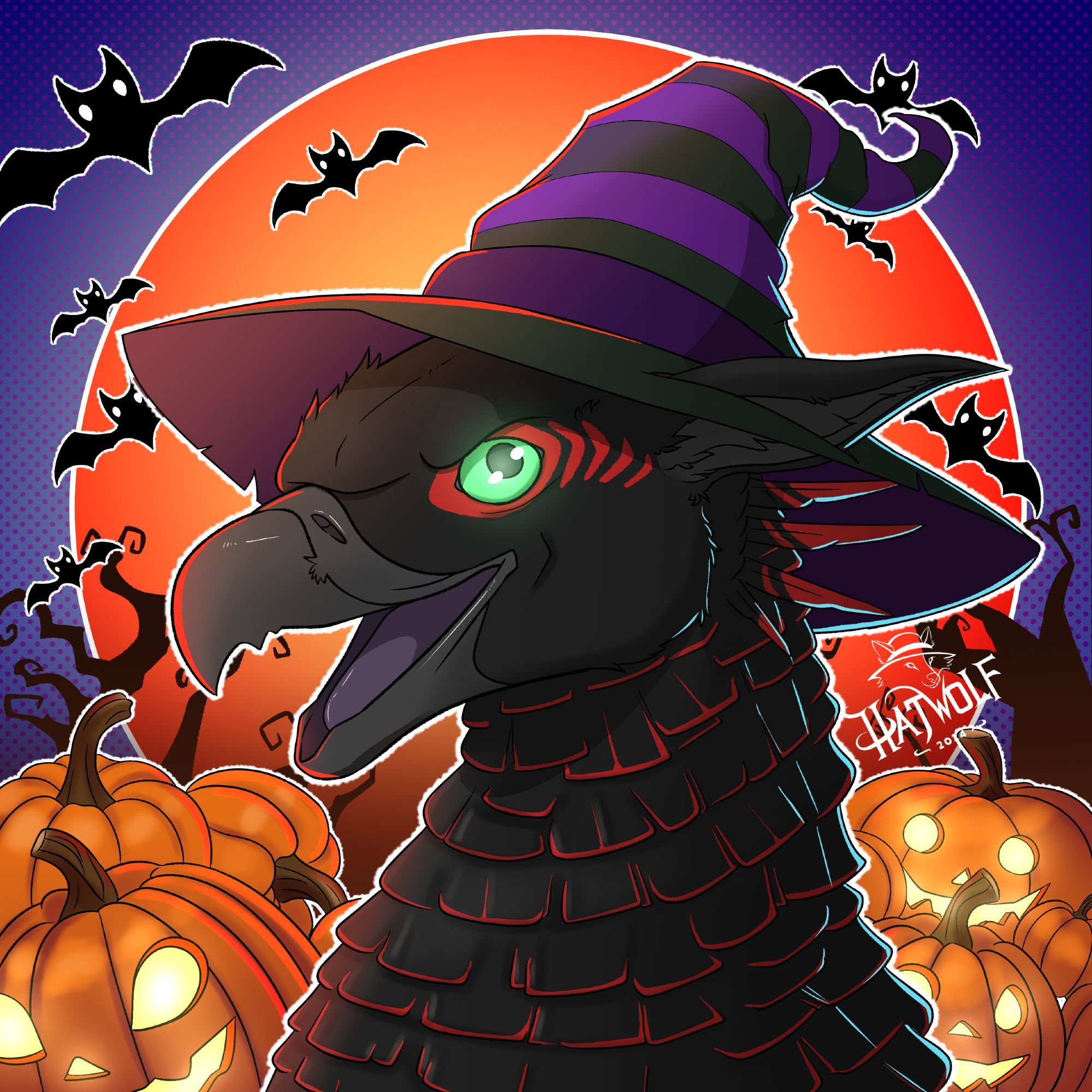 The image features a Halloween-themed portrait of an anthropomorphic bird character dressed in a witch's hat. The bird has black feathers with red markings around its vibrant green eyes, and its beak is open in a cheerful or playful expression. The character wears a large, pointy hat with black and purple stripes, adding to the spooky yet festive look.

In the background, a large, glowing orange full moon illuminates the scene, with black bats flying across the sky. Glowing jack-o'-lanterns with carved faces are scattered at the bottom, adding to the Halloween atmosphere. Twisted trees with barren branches complete the background, further enhancing the spooky feel of the artwork.

The entire image is brightly colored and festive, blending elements of fun and Halloween spookiness. The artist's signature "HatWolf 2024" is displayed in the bottom right corner, adding a personal touch to the piece. The overall mood is playful and spirited, celebrating Halloween with a magical twist.