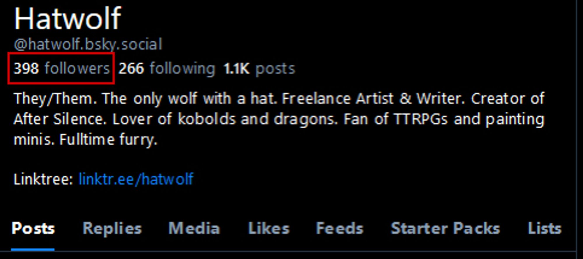 Screenshot of Hatwolf's profile info. The 398 followers are highlighted by a red square.