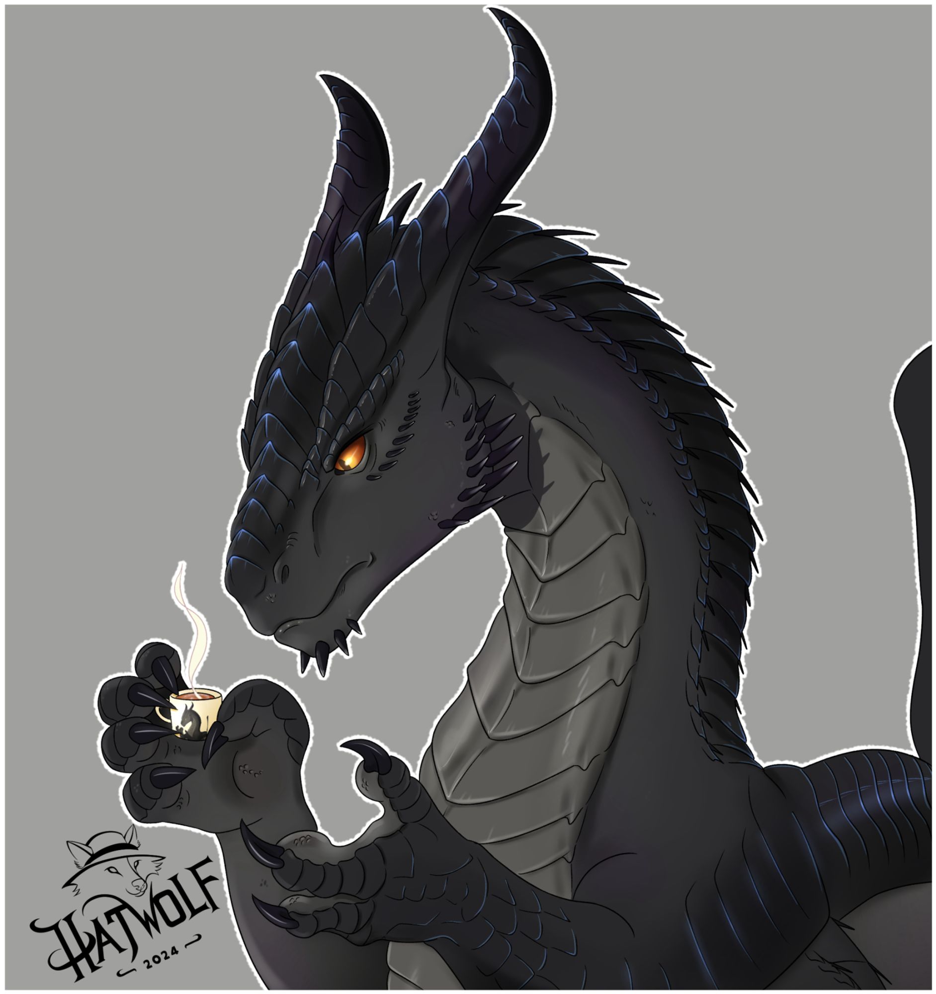 The image features a large, black-scaled dragon with a sleek, armored appearance, holding a small cup delicately between two claws. The dragon has a serious, contemplative expression, with glowing orange eyes that give off an intense and wise demeanor. Its horns curve backward, and its dark scales have a metallic sheen, with subtle blue highlights running along the edges of the scales.  The small cup in the dragon’s claw has a wisp of steam rising from it, suggesting it holds a hot beverage, which contrasts humorously with the dragon’s imposing size and powerful appearance. The careful way the dragon holds the cup adds an element of gentleness to its otherwise fierce look.  The background is a simple gray, allowing the details of the dragon to stand out. In the lower left corner, the artist’s logo, "HatWolf 2024," is prominently displayed.