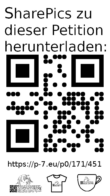 QR code und Link zur Download-Seite für die Sharepics der ePetition 171451, https://p-7.eu/p0/171/451