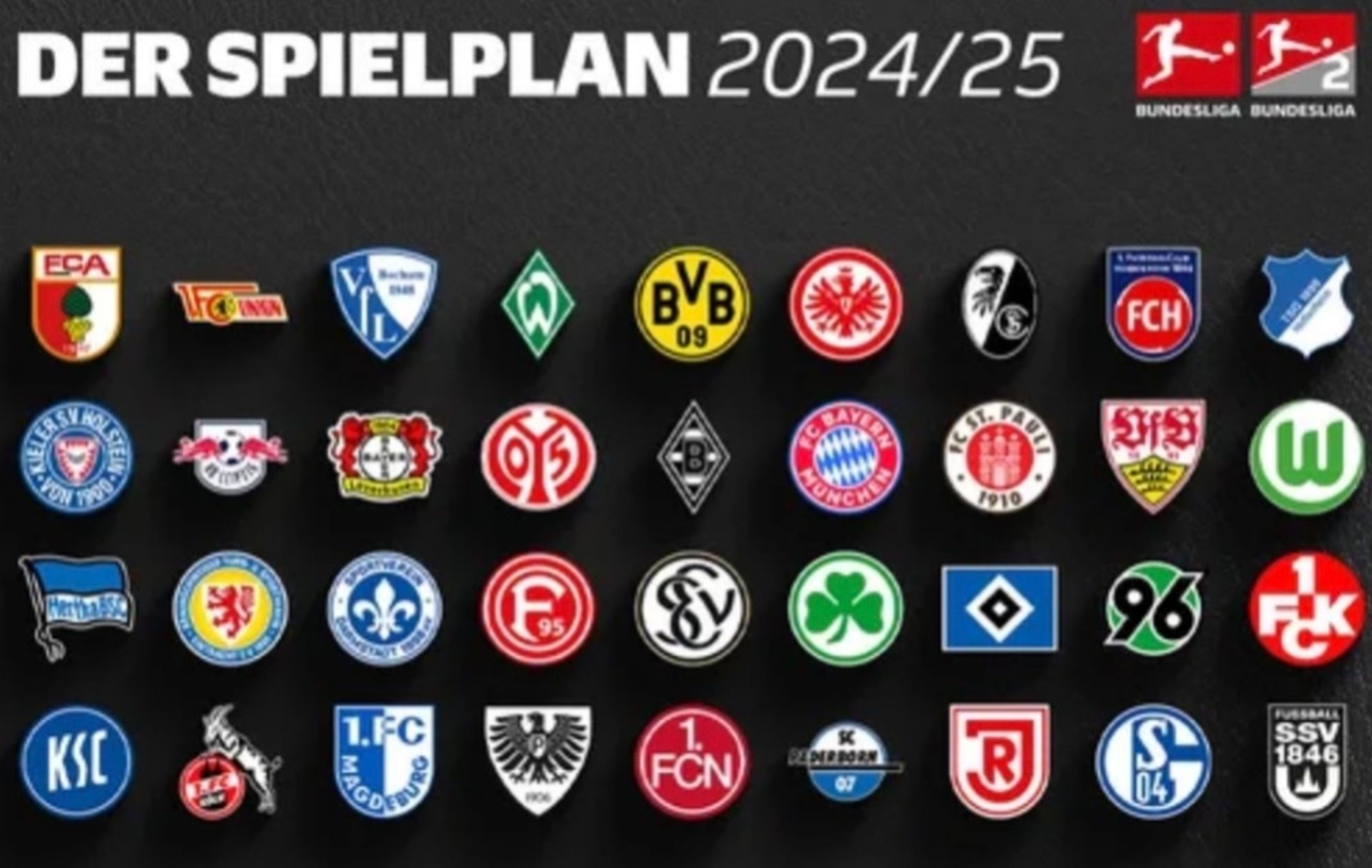 Logos der Teams der ersten beiden Fußball Bundesligen der Männer. Überschrift: der Spielplan 2024/25.