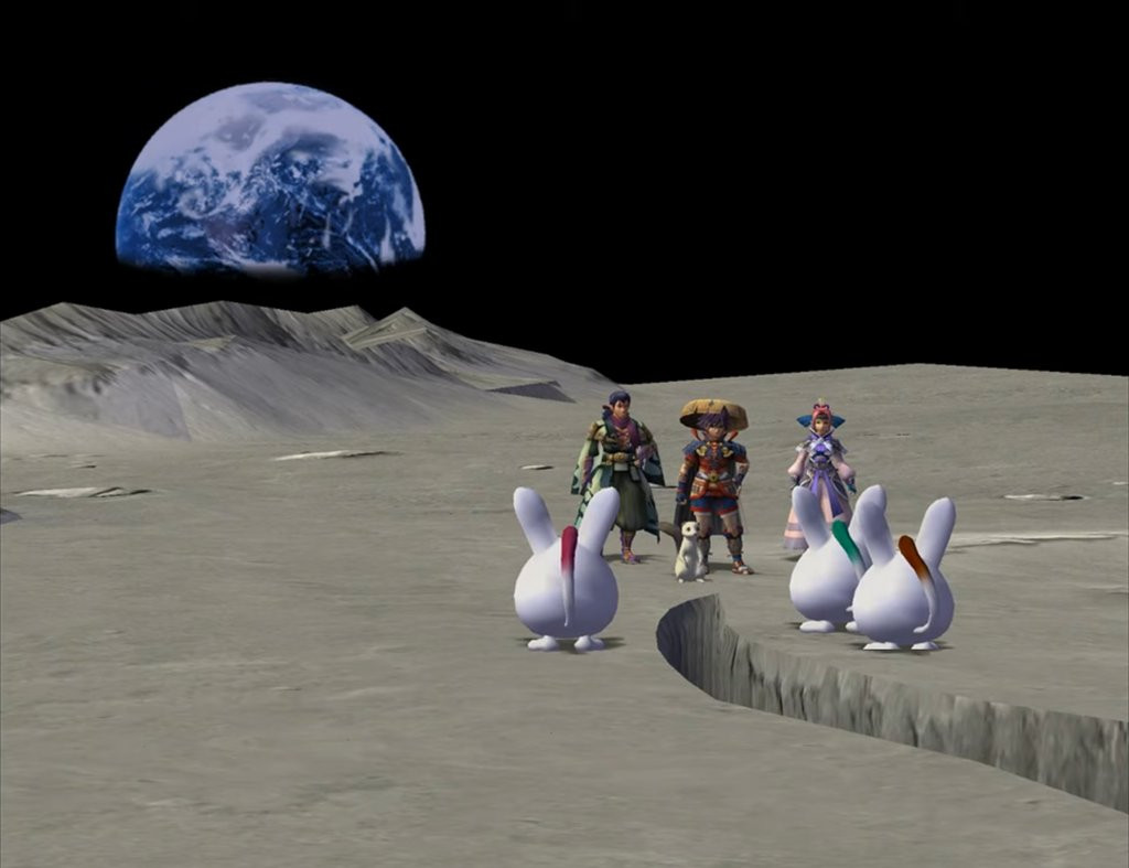 The Moon, as depicted in Shiren the Wanderer (Wii). It features Shiren, Sensei, Asuka, and Koppa, facing its inhabitants.