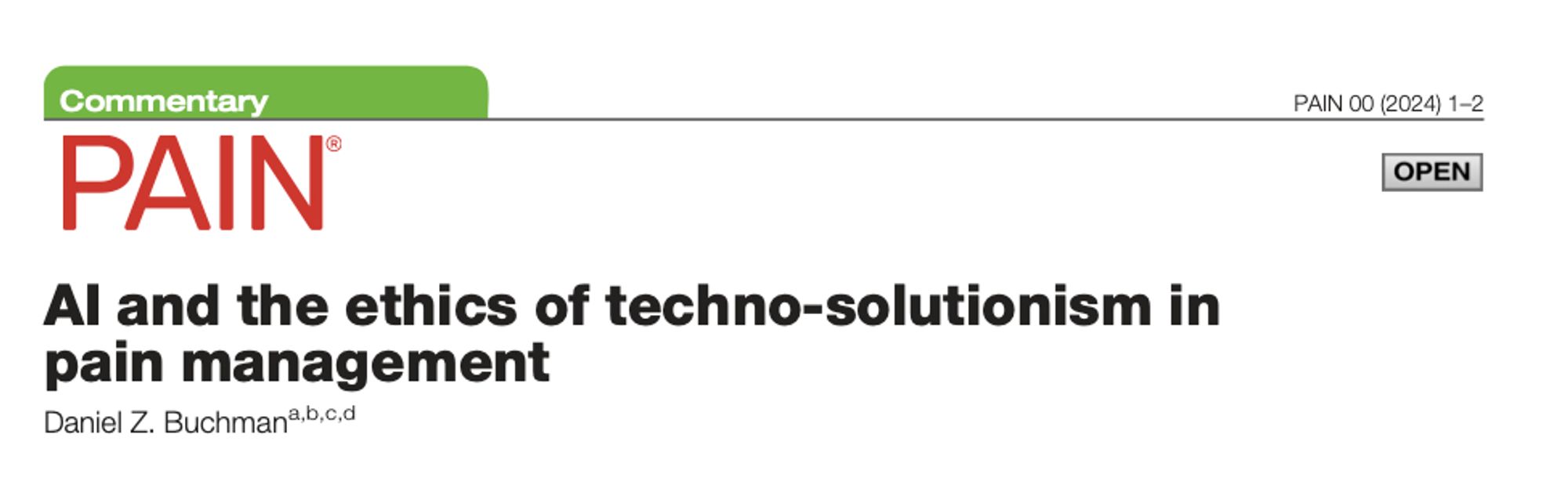 Screenshot of the paper title: AI and the ethics of techno-solutionism in pain management