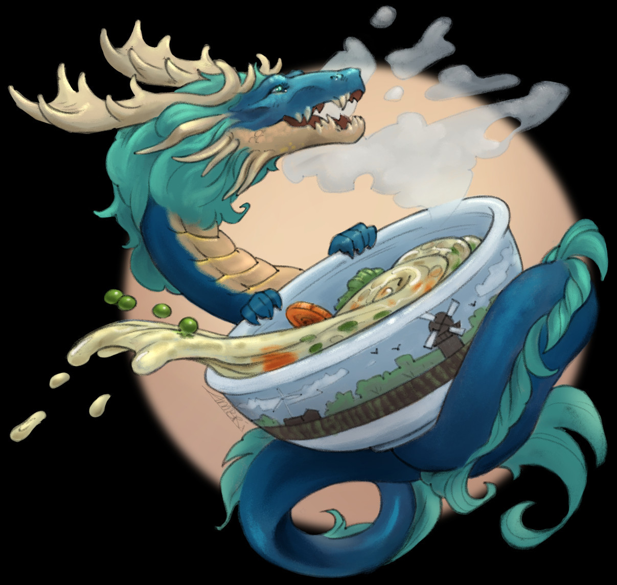 Chinese waterdragon surrounding a cup of hot soup.