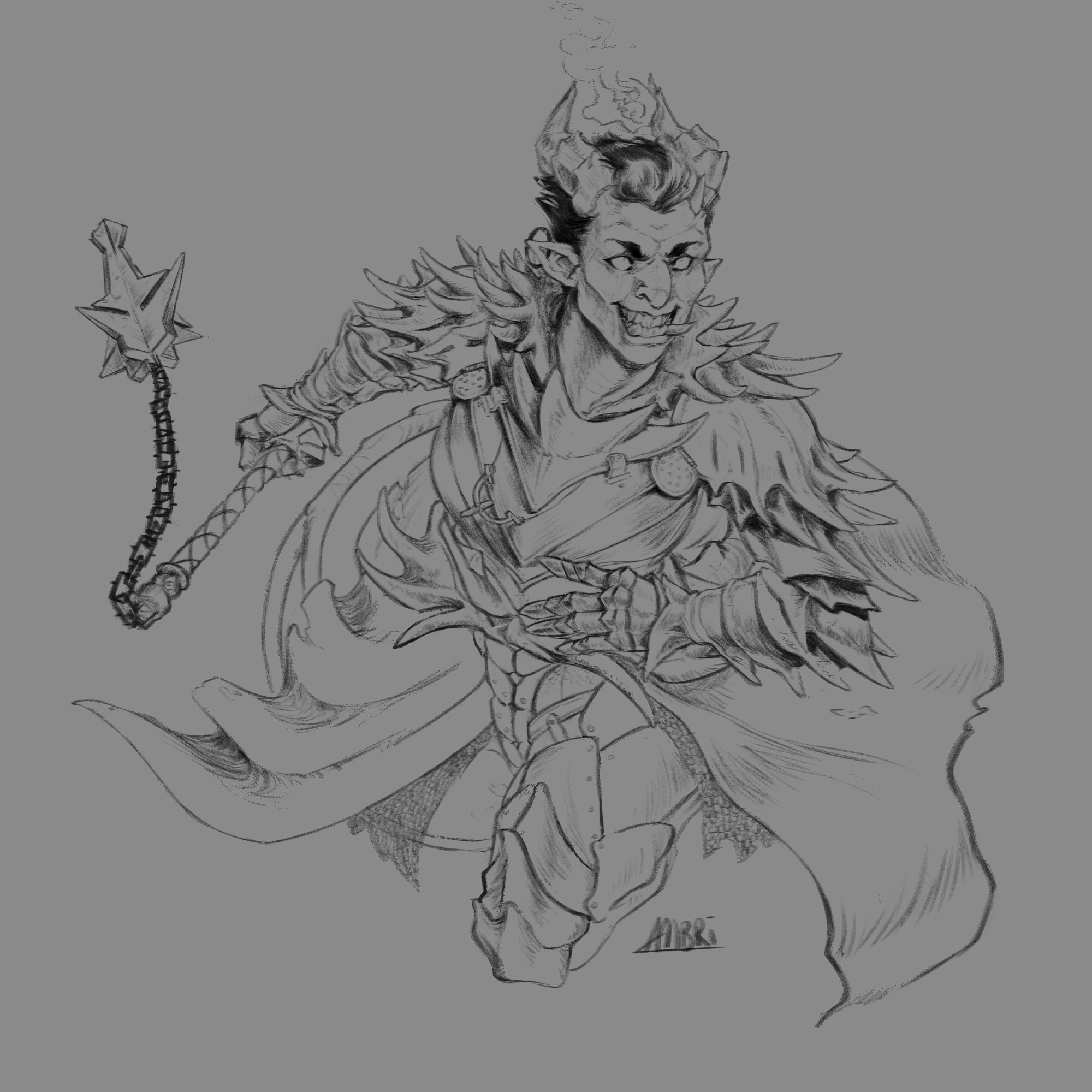 A sketch, tiefling with narzugon armour and a spiked mace-flail.