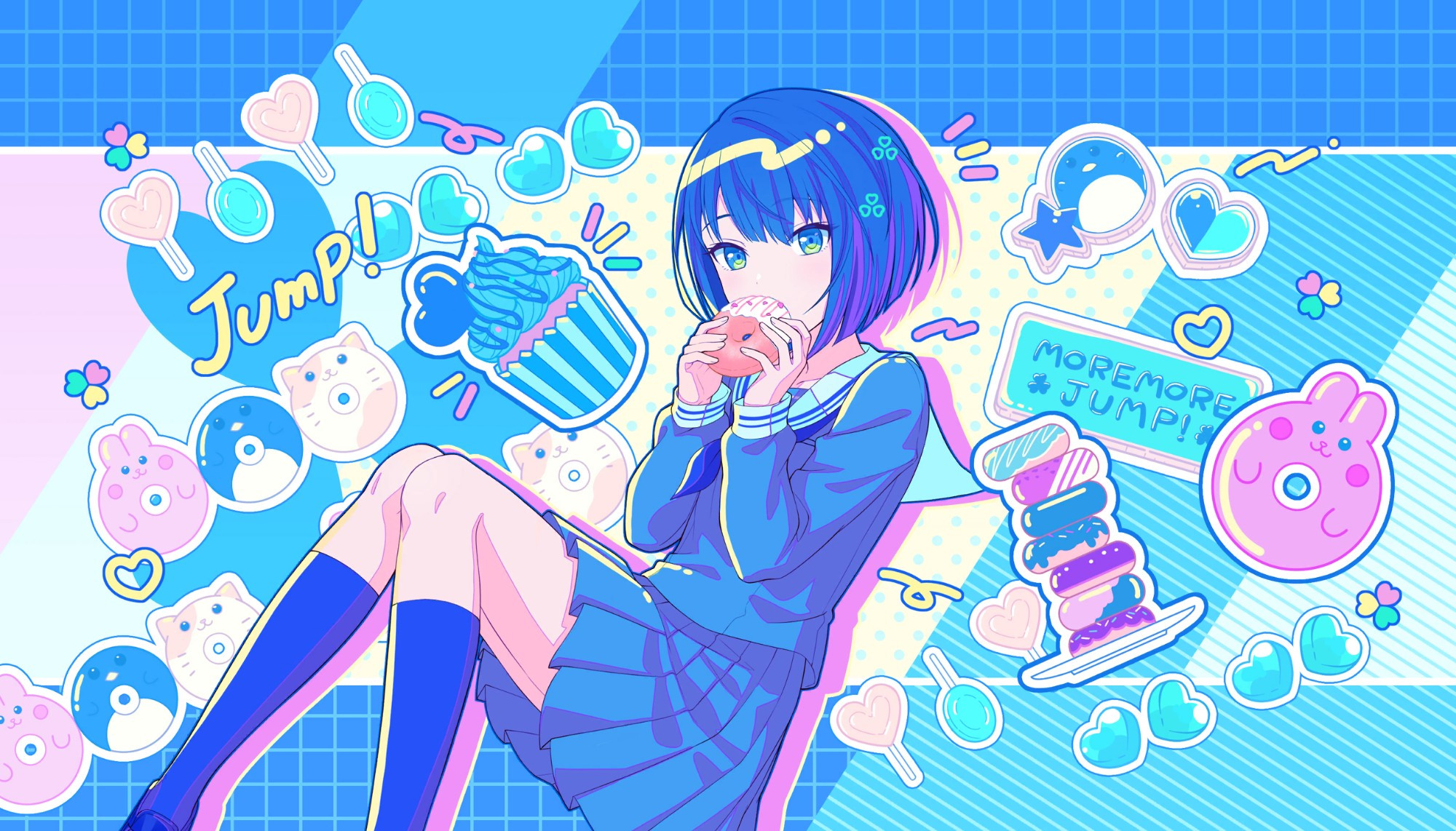 an image of haruka kiritani from project sekai, she is eating a donut in front of a blue background.