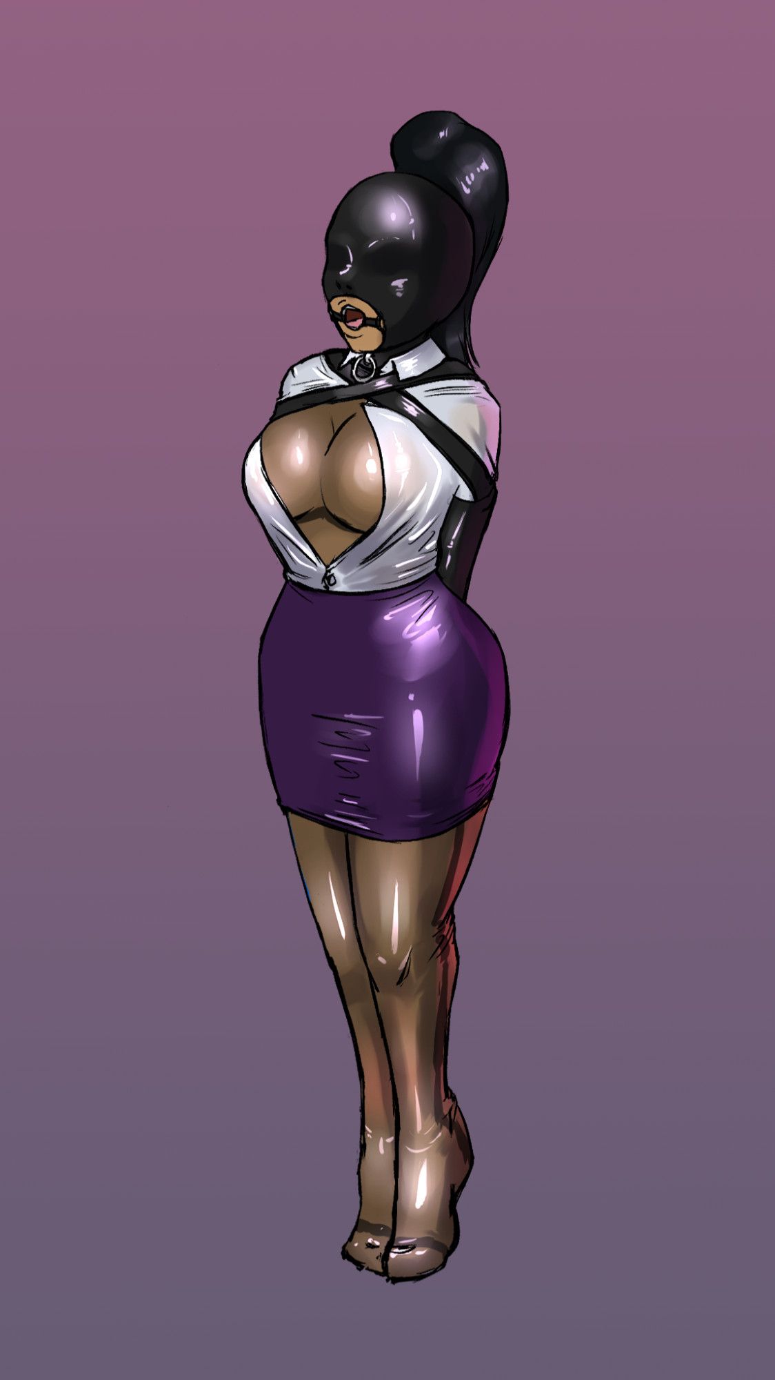 Digital drawing of a woman wearing a transparent black latex bodysuit under a white latex blouse and purple latex skirt. She is bound by a black armbinder and wearing a black latex hood and ring gag.