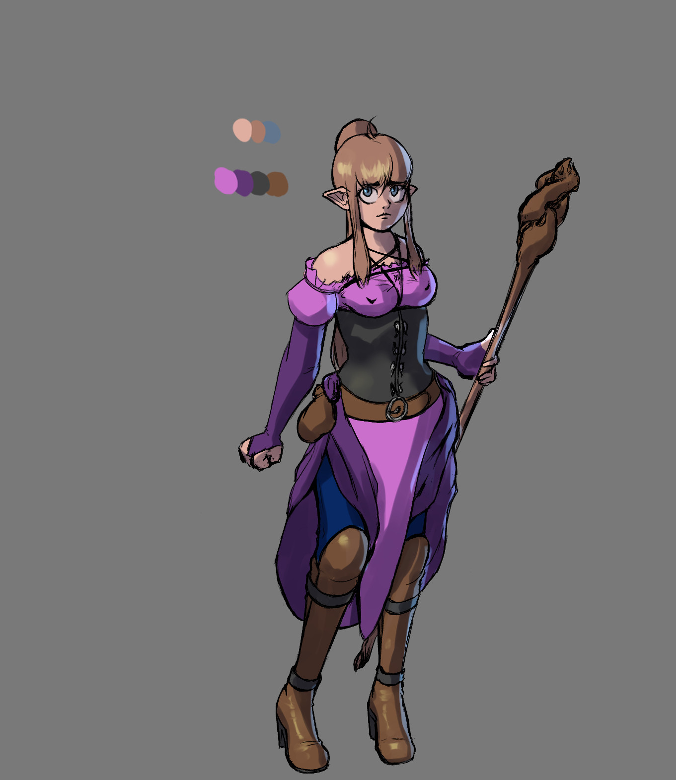 A drawing of a young half-elven woman wearing a pink and purple shoulderless dress with a black corset and brown leather boots and belt. She wields a wooden staff that ends in three entertwined tentacles.